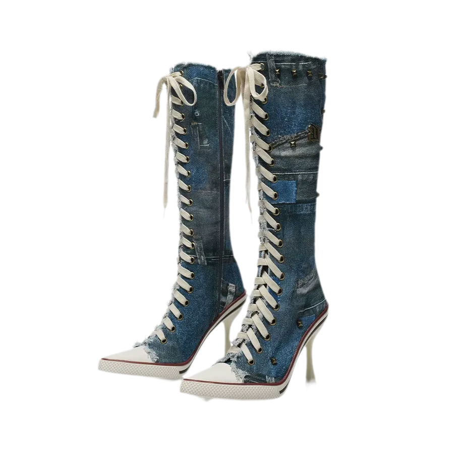 Studded Lace-Up Knee-High Boots