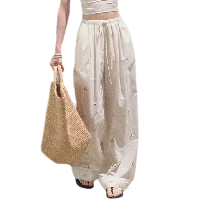 Cotton Eyelet Wide-Leg Pants