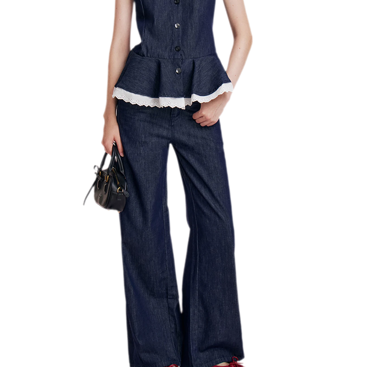 Lace Trim Peplum Denim Set