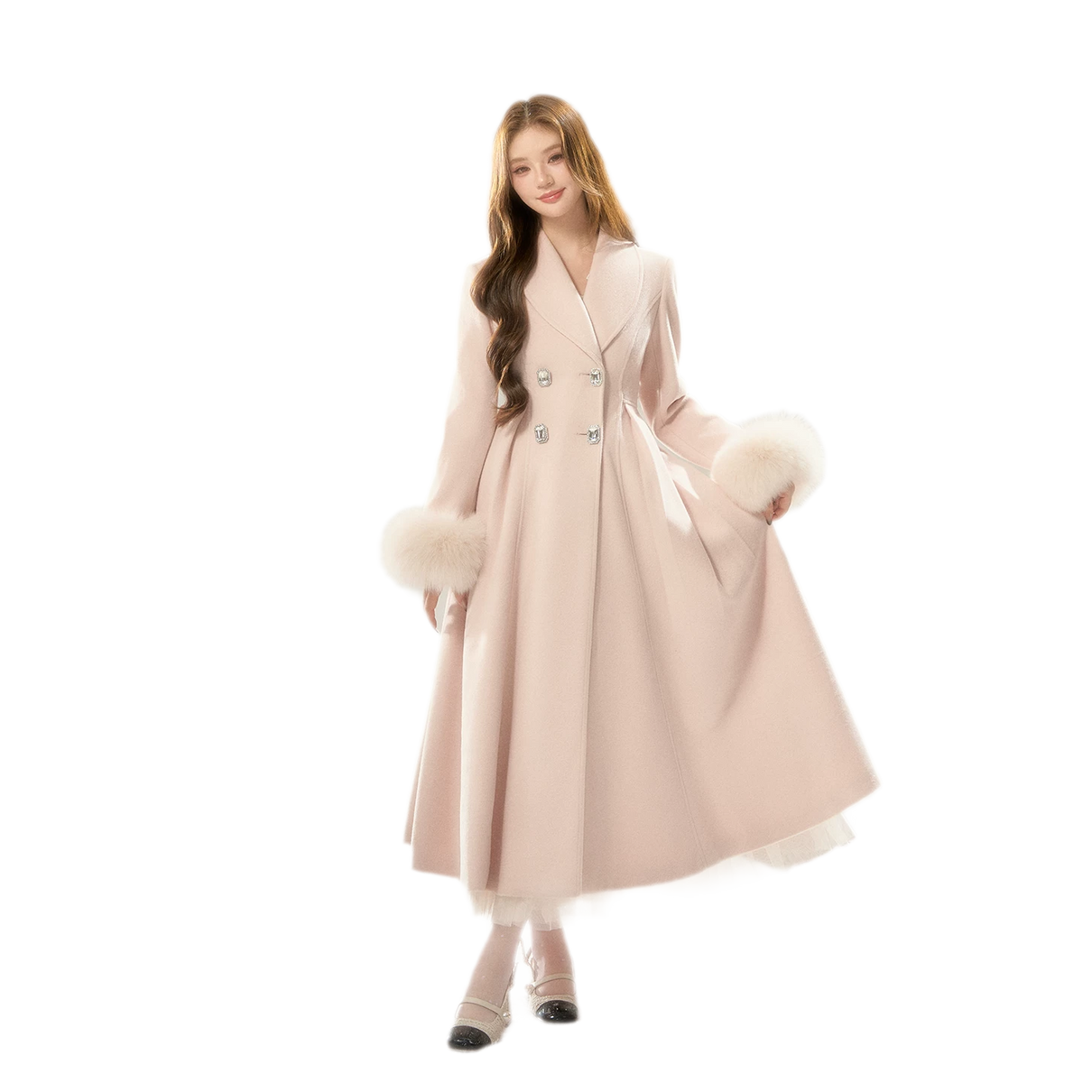 Double-Breasted Cinched Wool Blend Coat