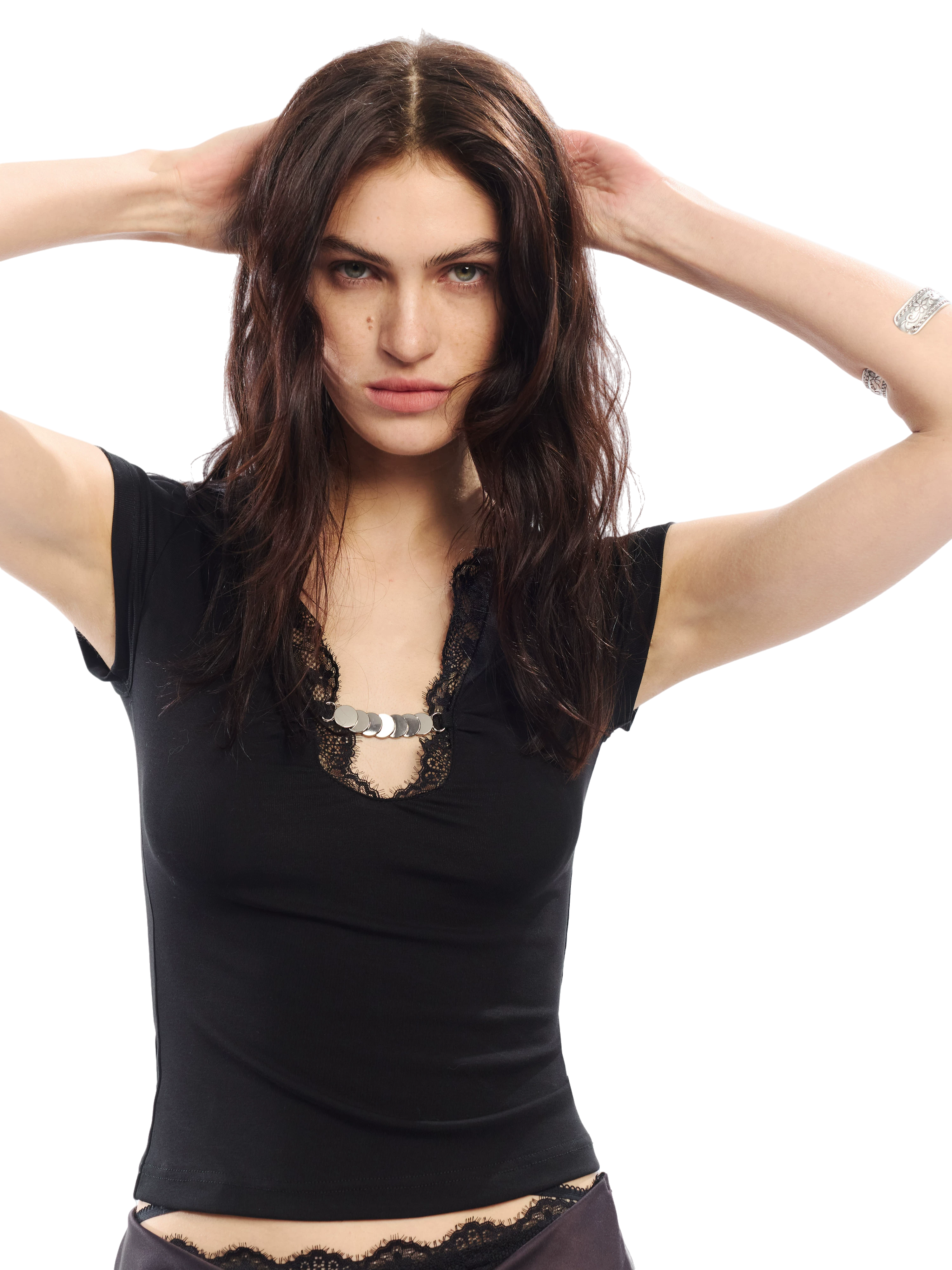Lace Trim V-Neck Slim Fit T-Shirt