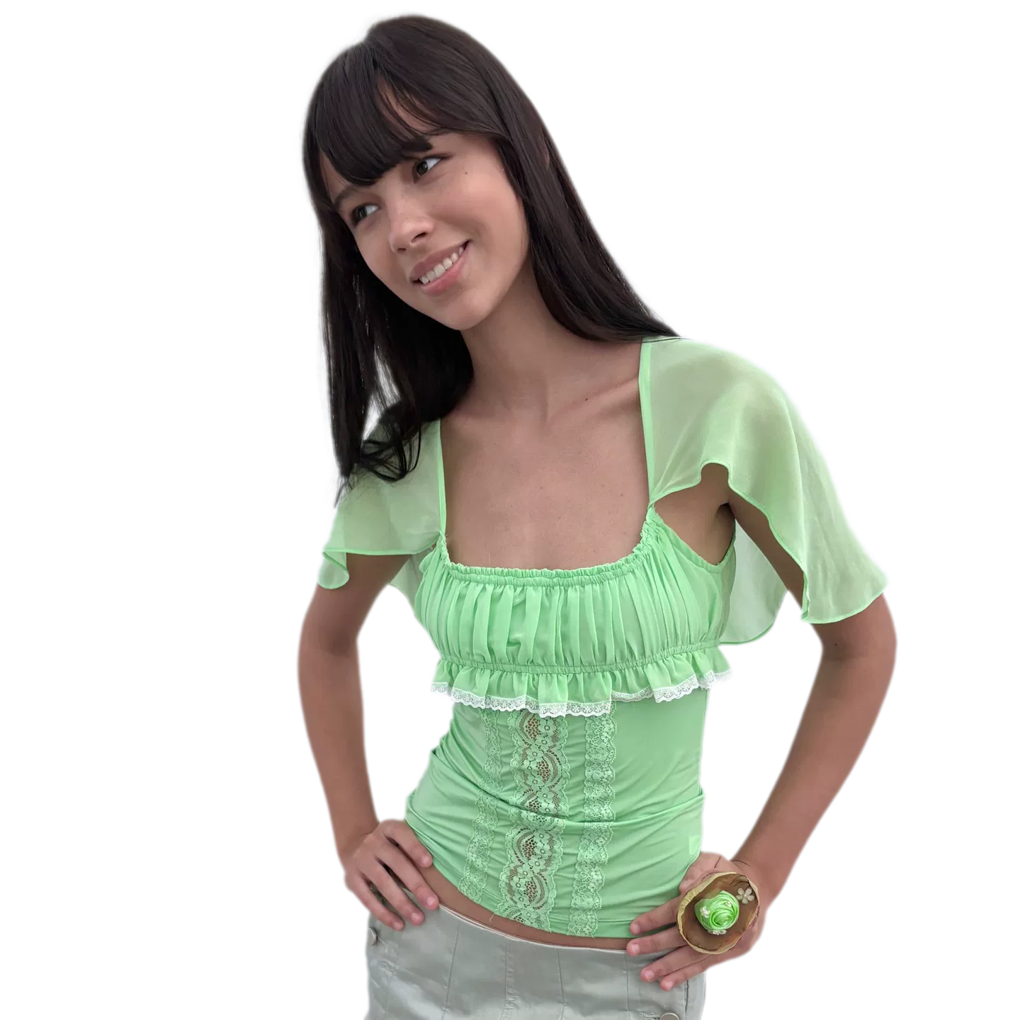 Lace Ruffle Fitted Chiffon Top