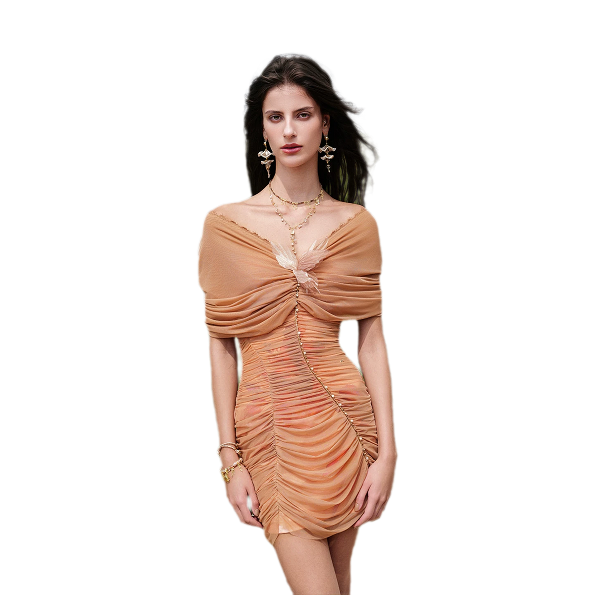 Beaded Off-Shoulder Mesh Dress