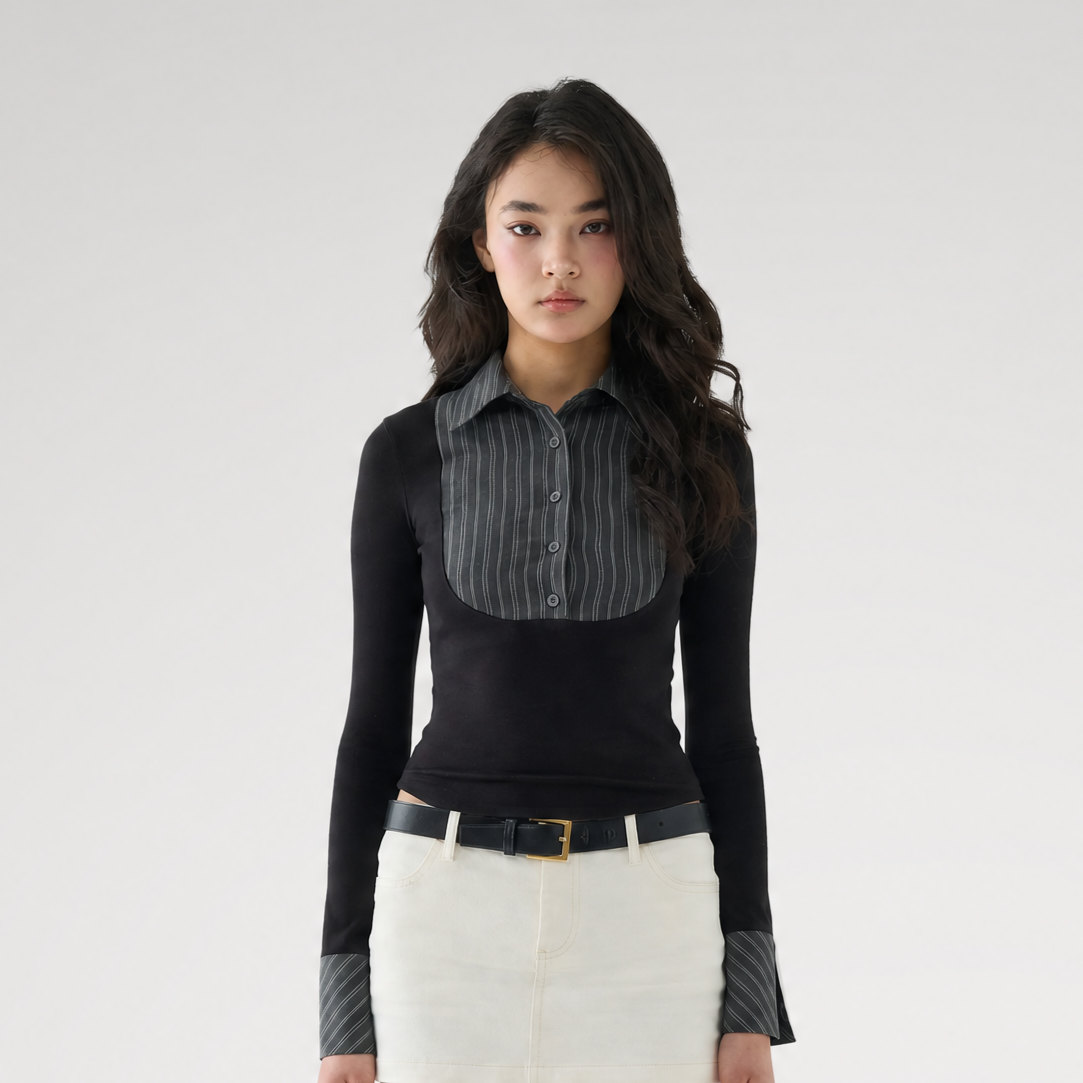 Striped Contrast Collar Shirt Top