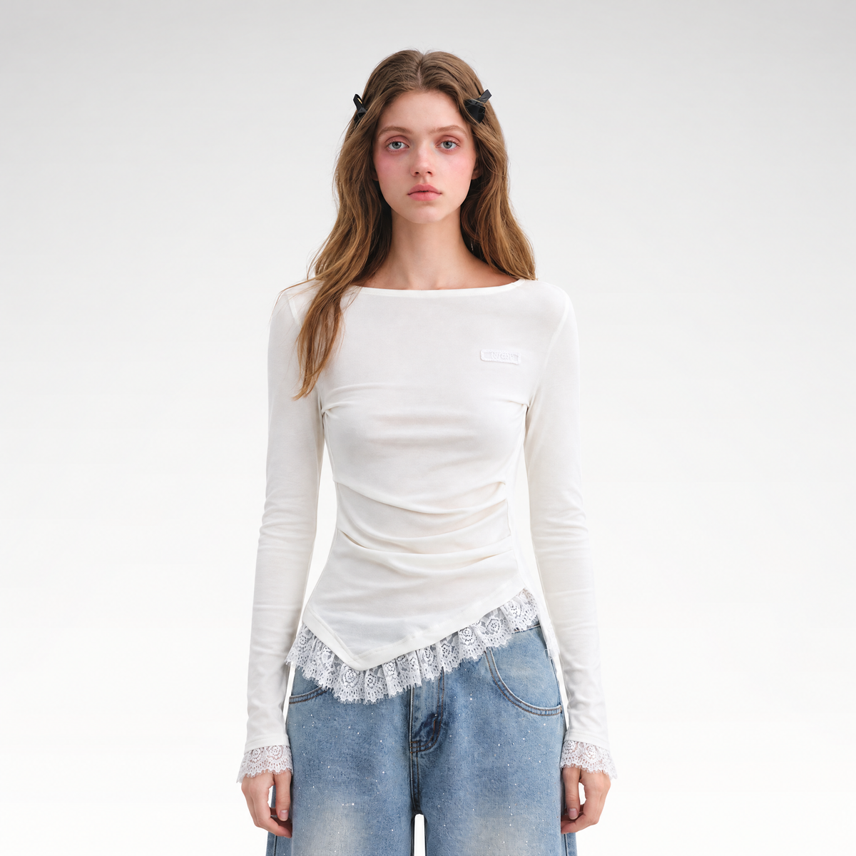 Lace Panel Ruched Hem Top