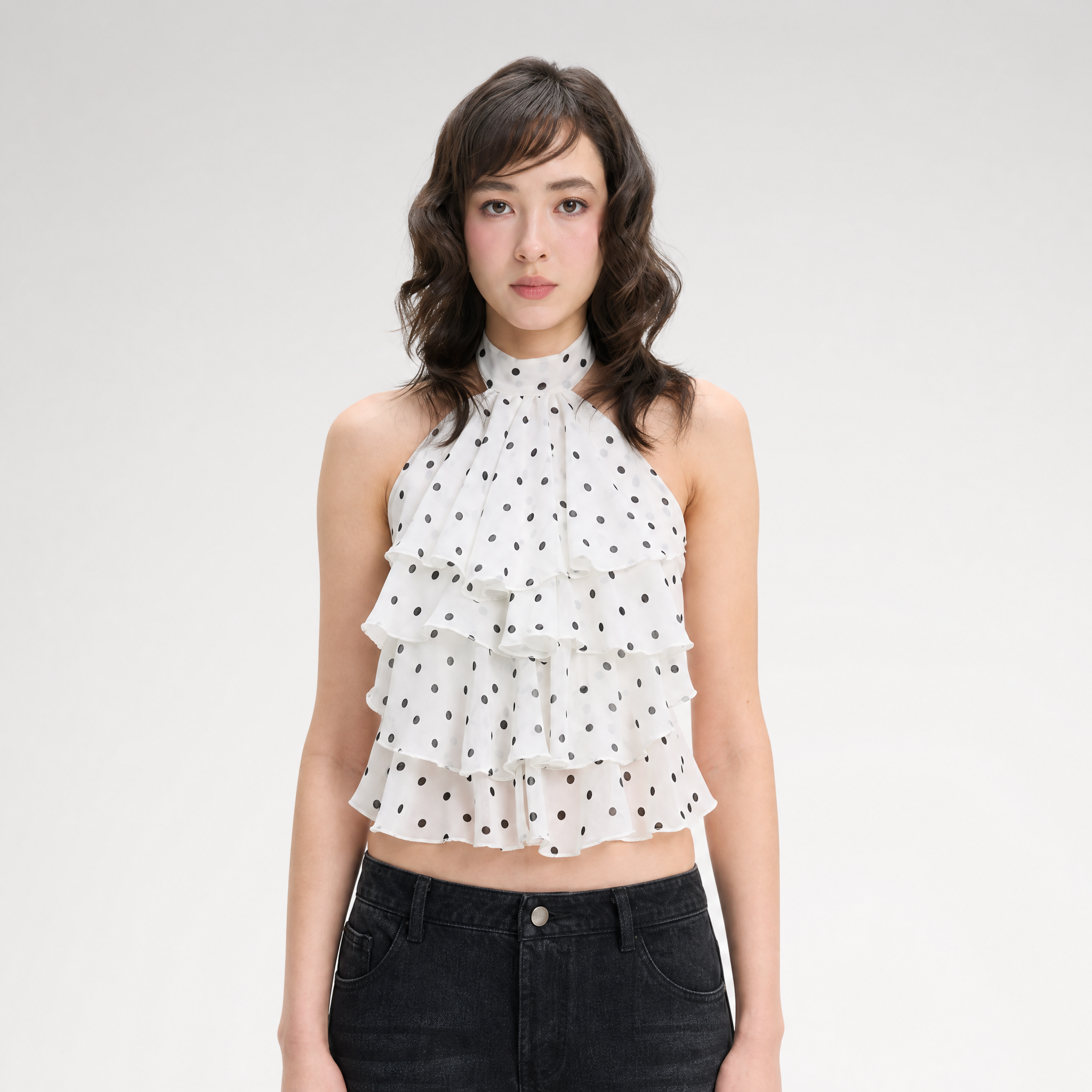 Polka-Dot Ruffle Halter Top