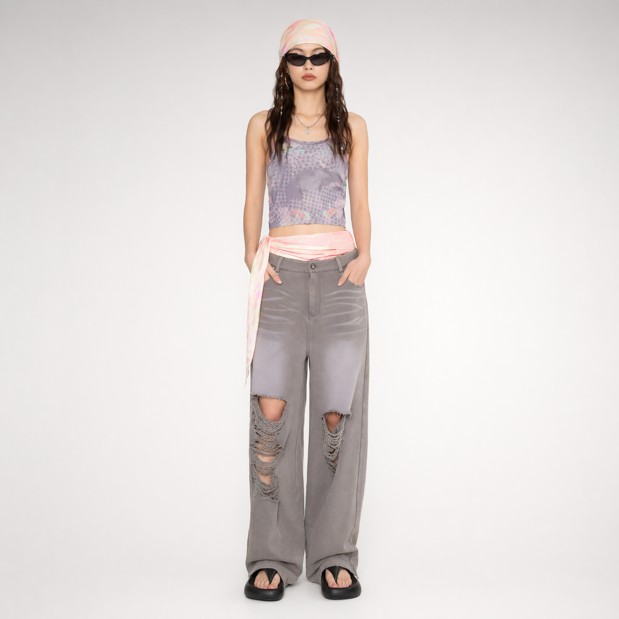Washed Distressed Straight Pants