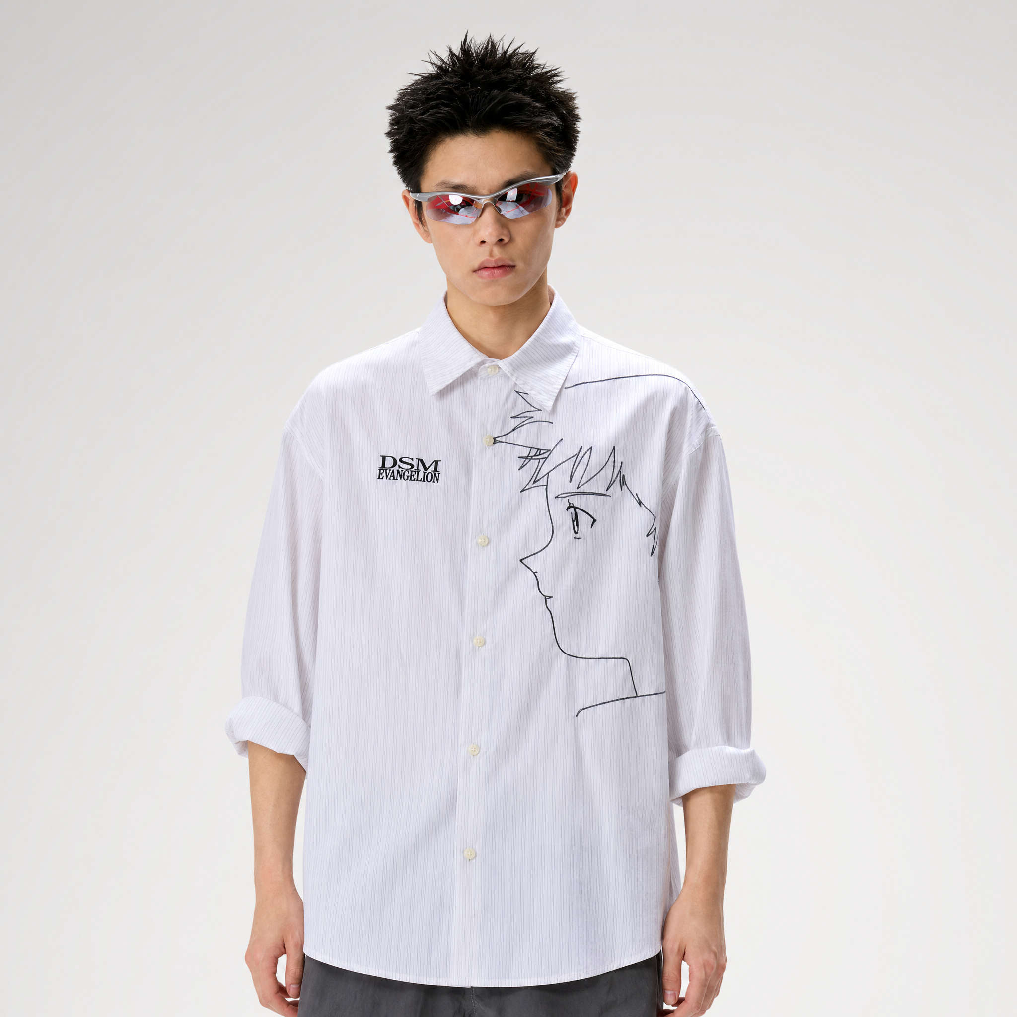 Fine-Stripe Embroidered Graphic Shirt