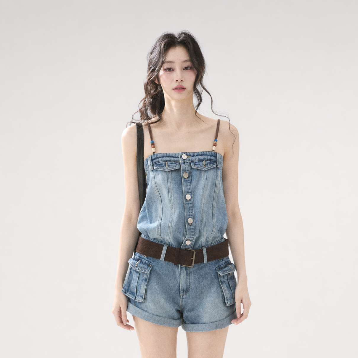 Washed Denim Jumpsuit Shorts