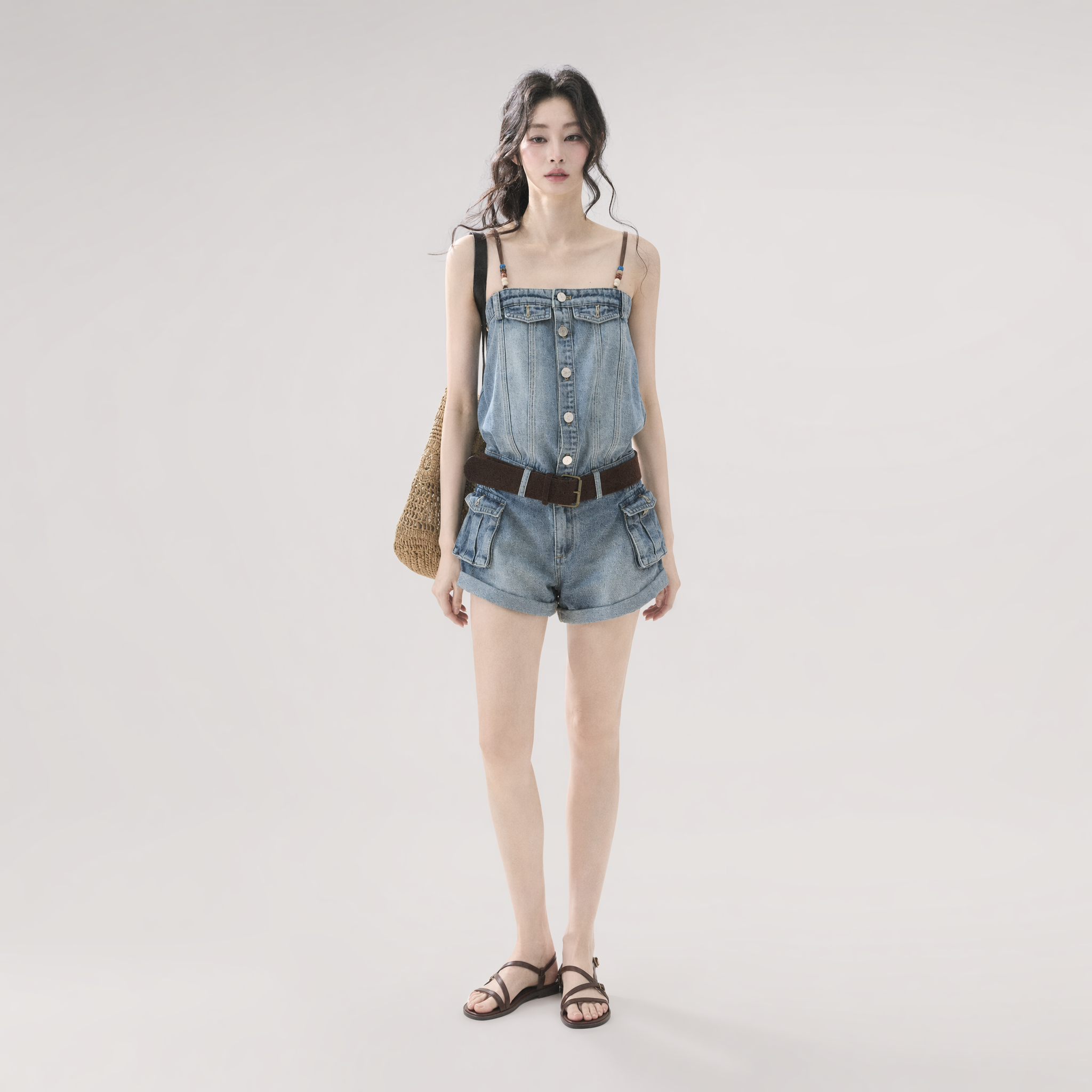 Washed Denim Jumpsuit Shorts