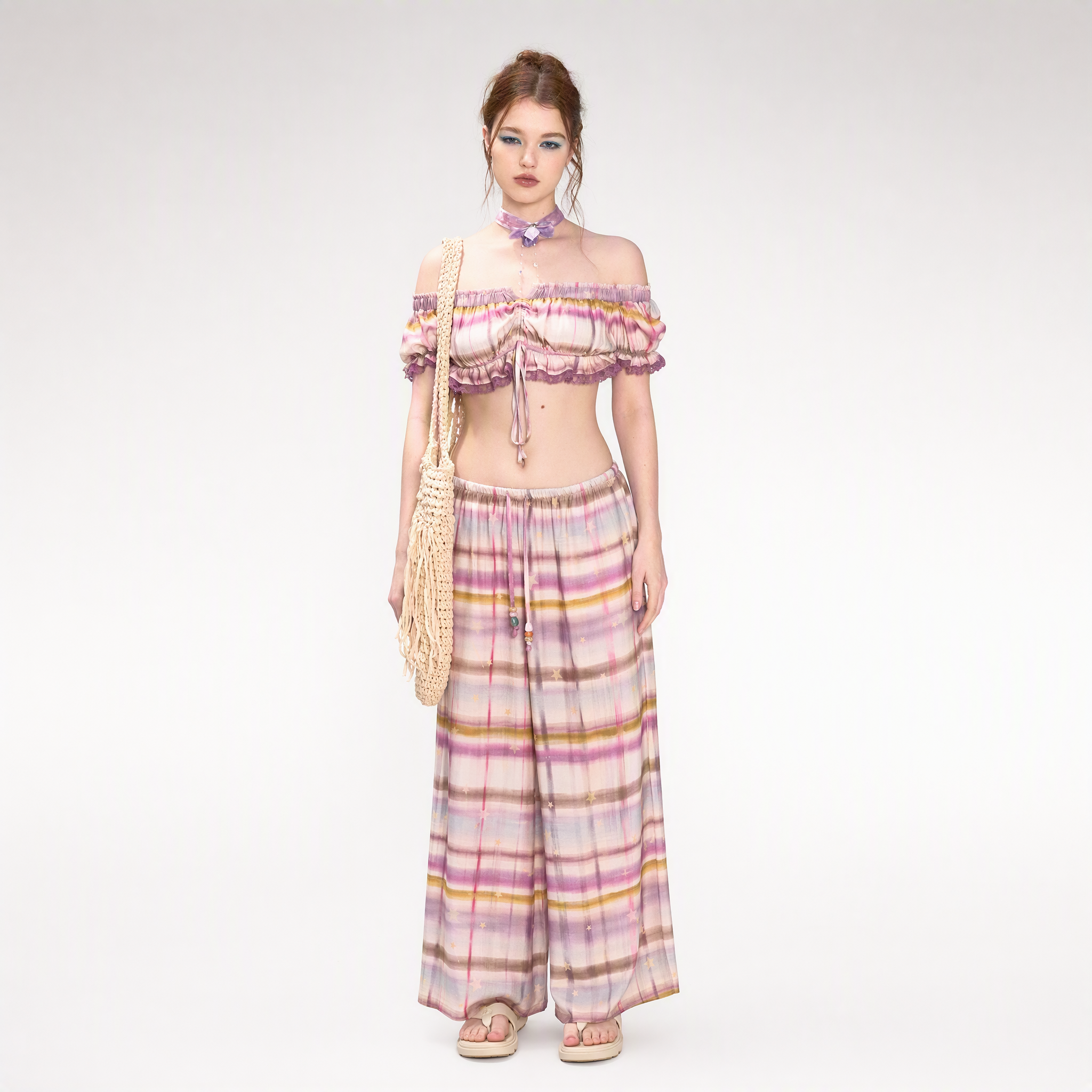 Gradient Plaid Wide-Leg Set