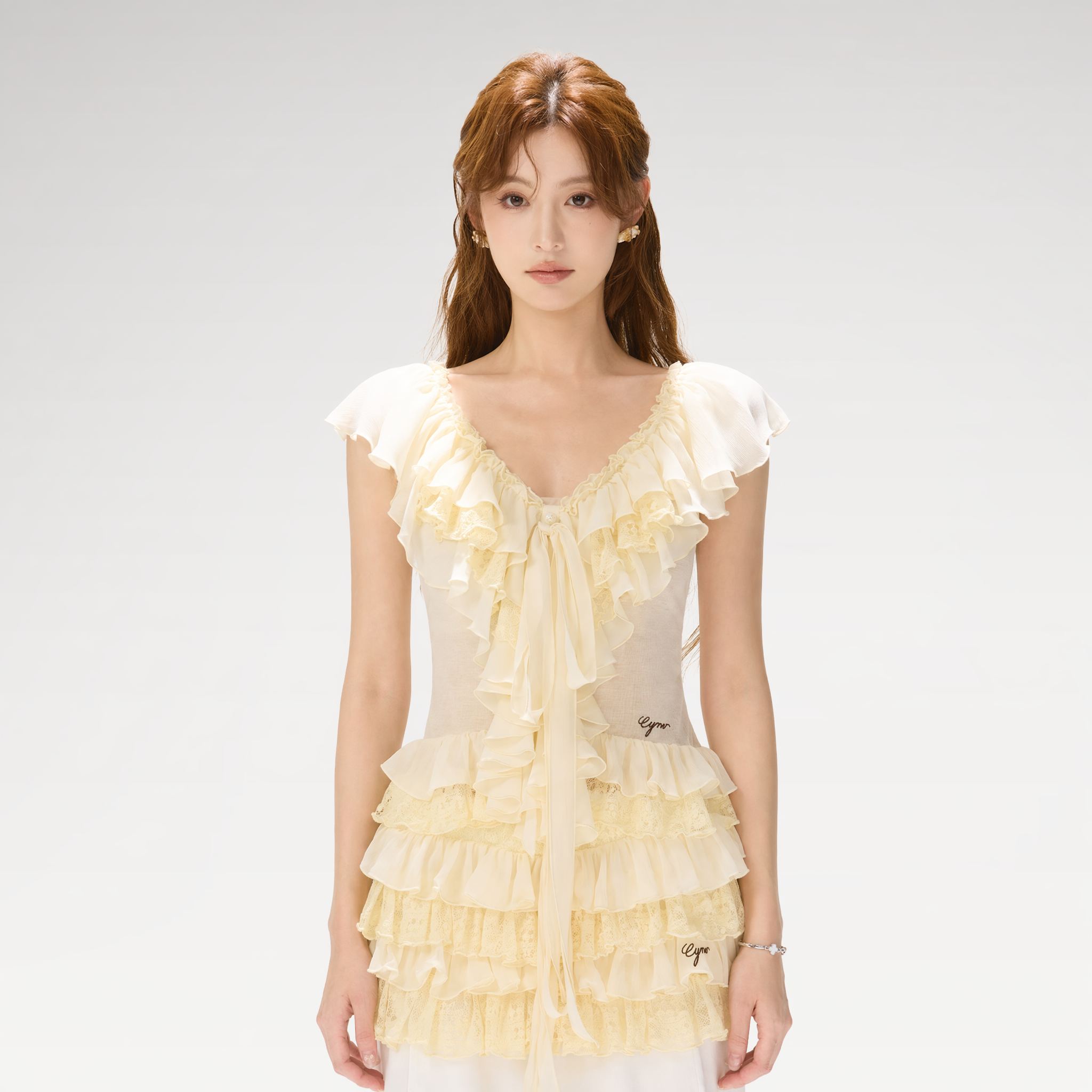 CYNR Lace Ruffle V-Neck Blouse – view 2