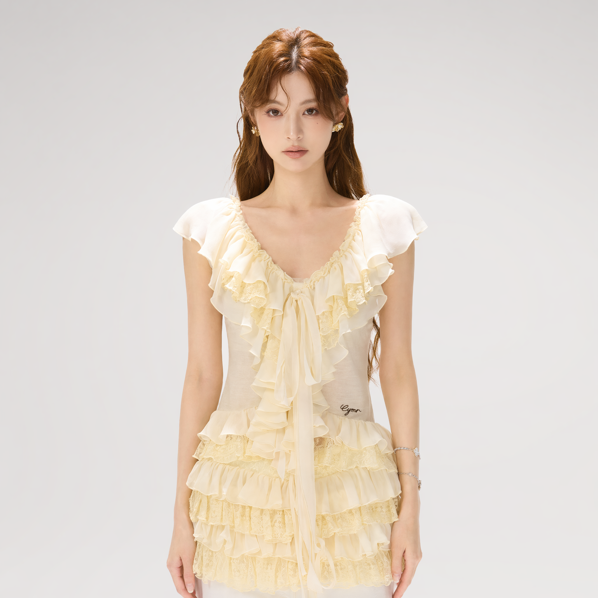 CYNR Lace Ruffle V-Neck Blouse – view 3