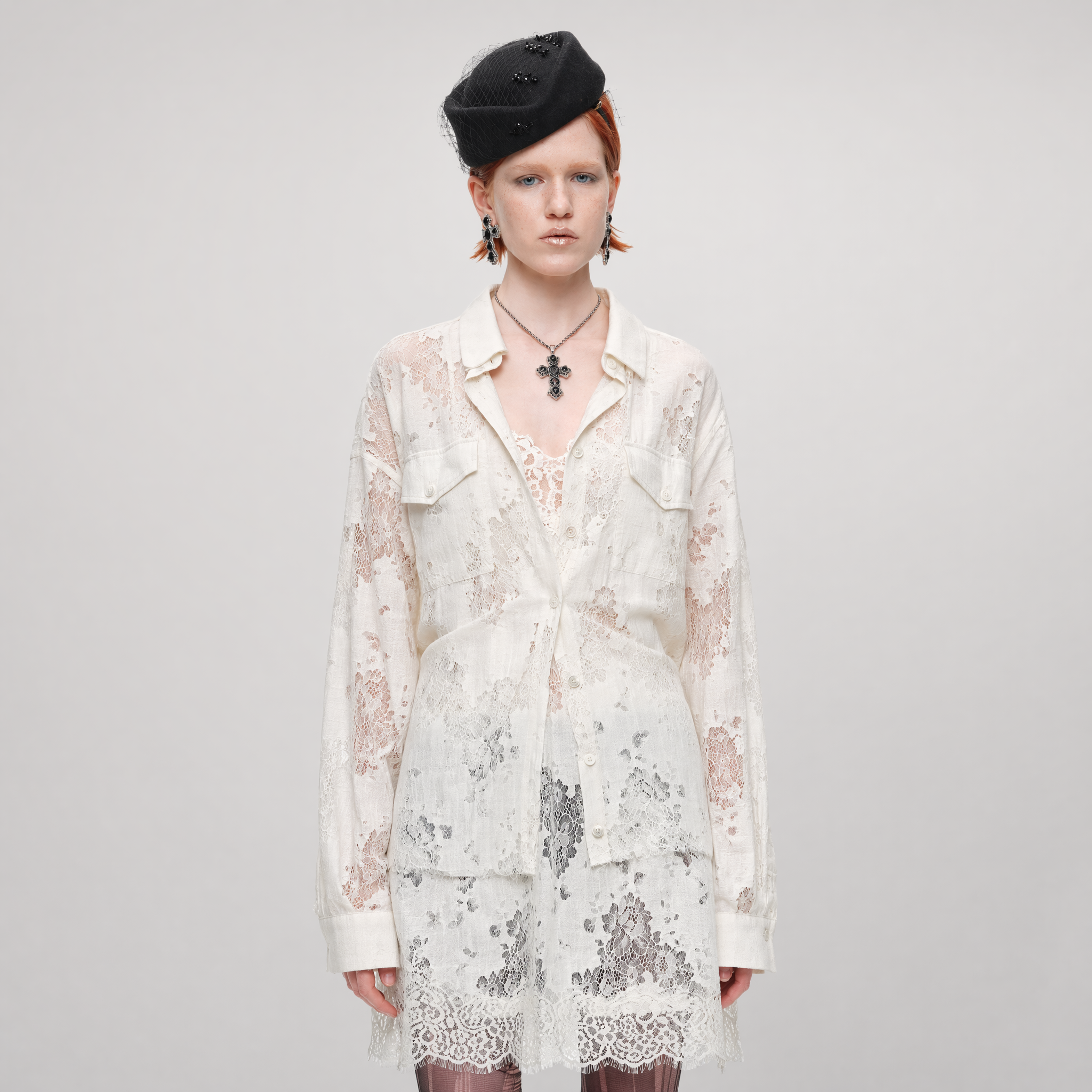 Lace Oversized Tie Shirt