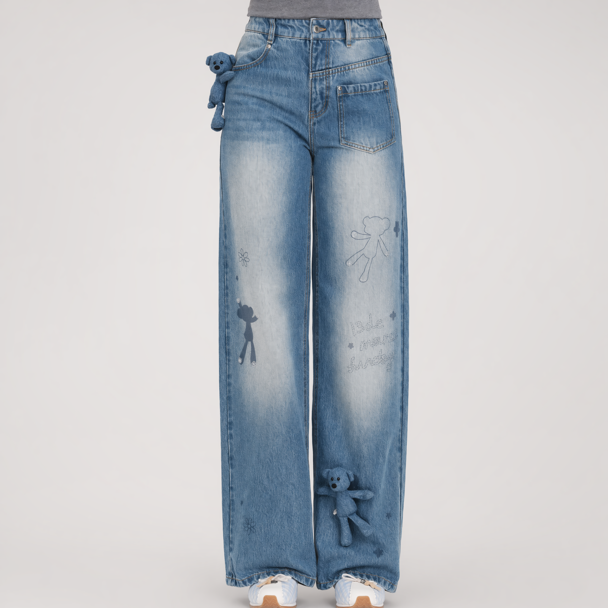 Bear Print Denim Pants