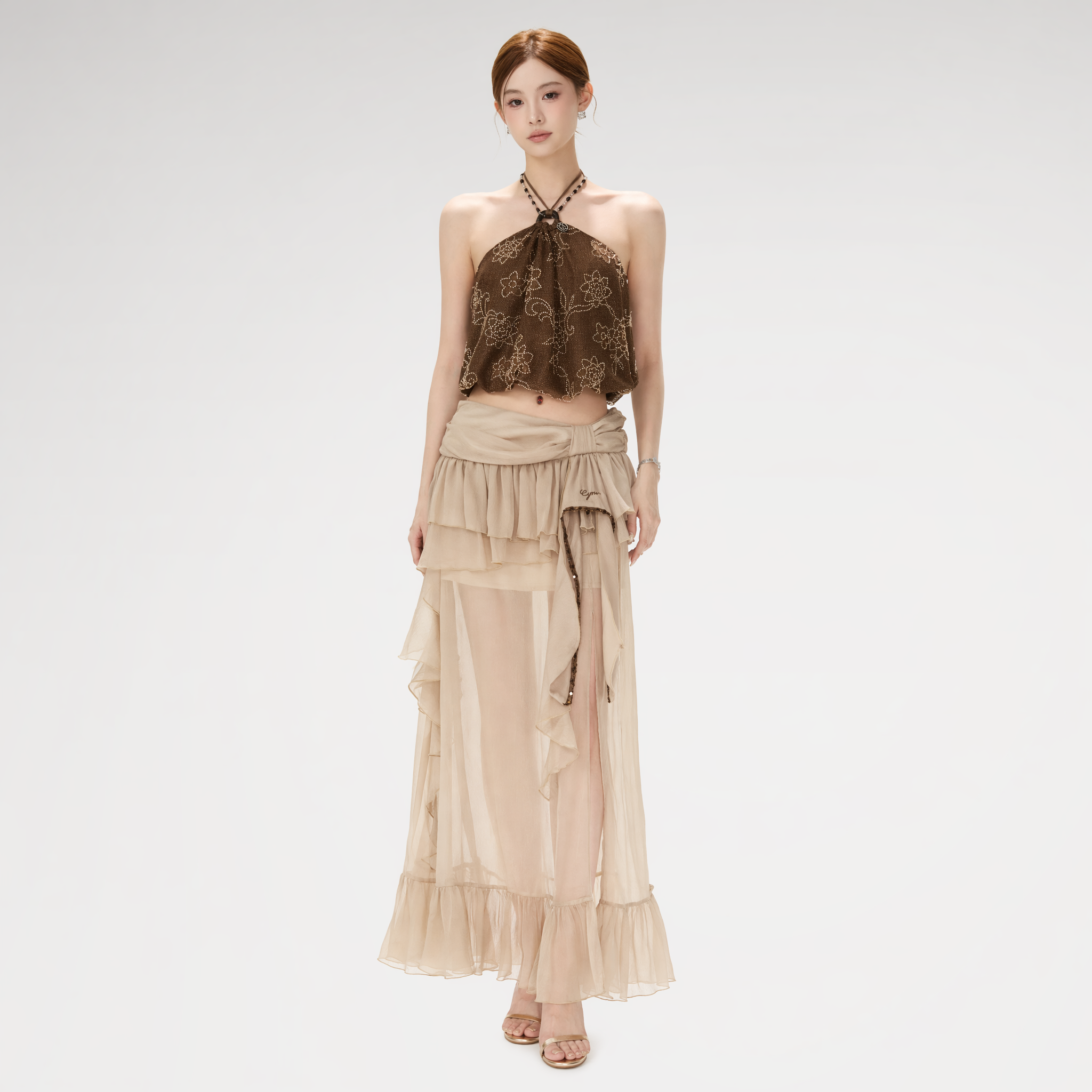 CYNR Sheer Ruffle High-Slit Skirt – view 2