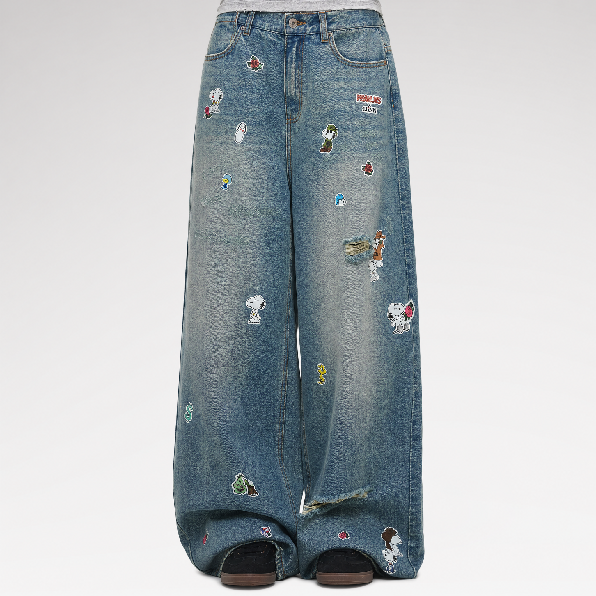 Washed Distressed Wide-Leg Jeans