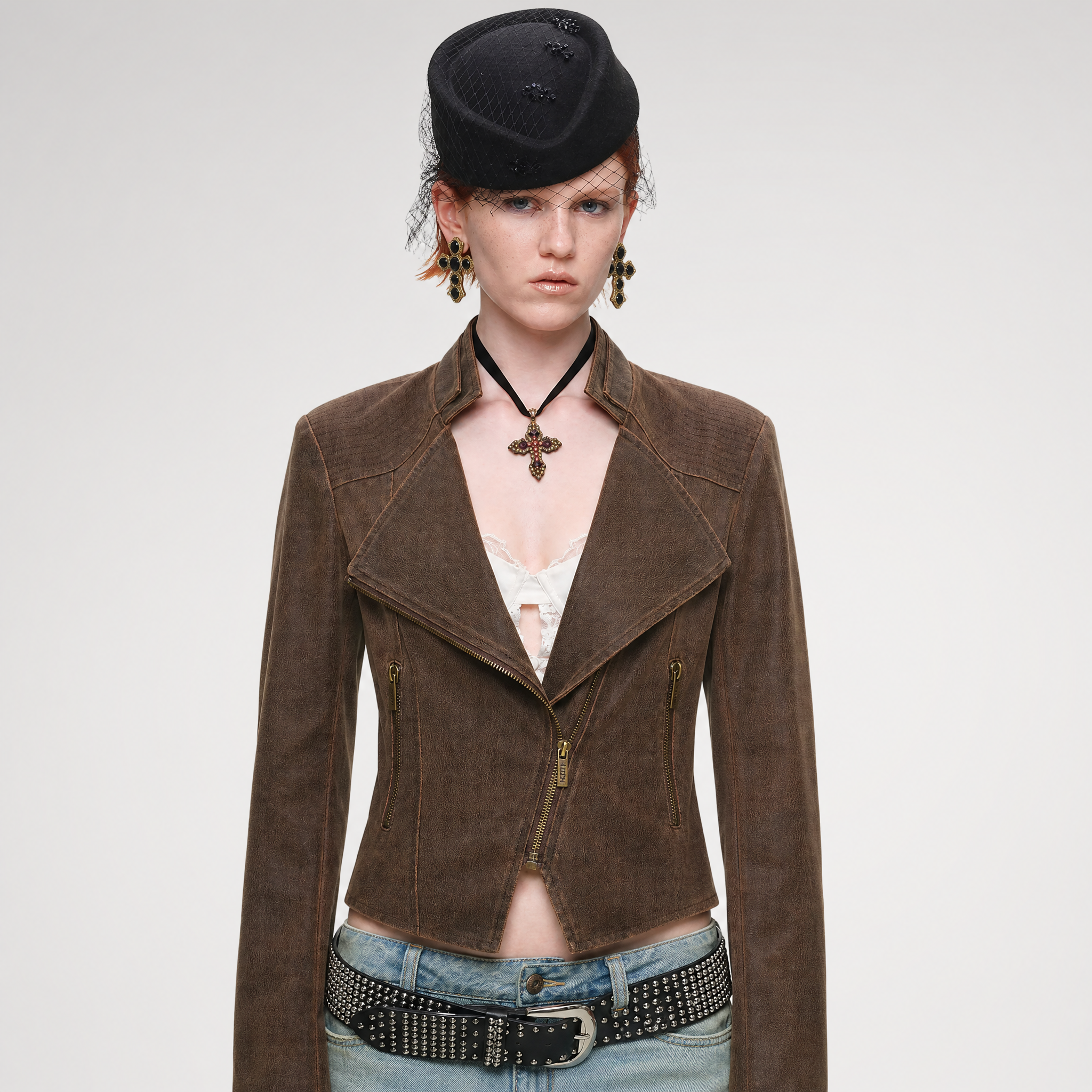 Washed Leather-Look Fitted Jacket