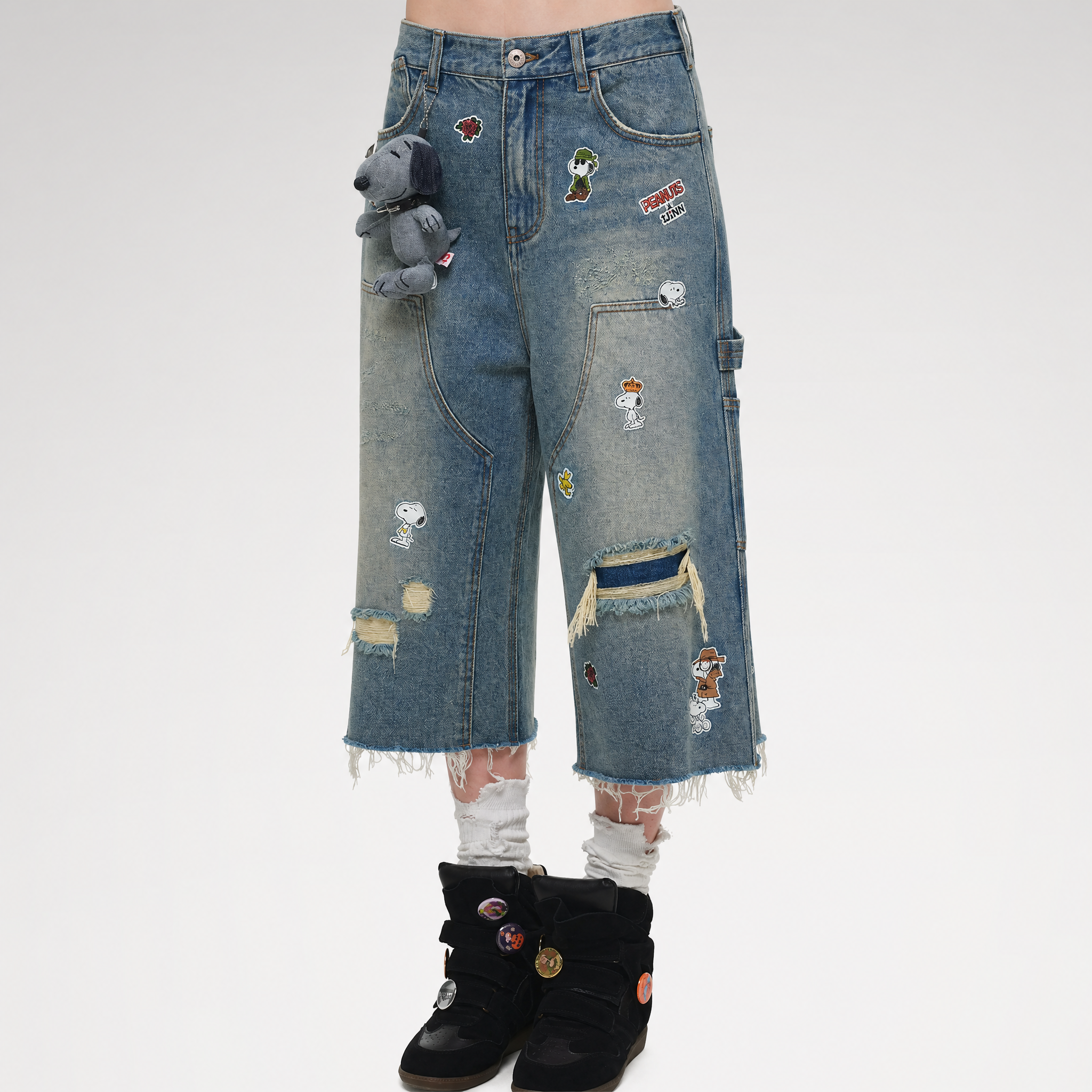 Washed Distressed Cropped Jeans