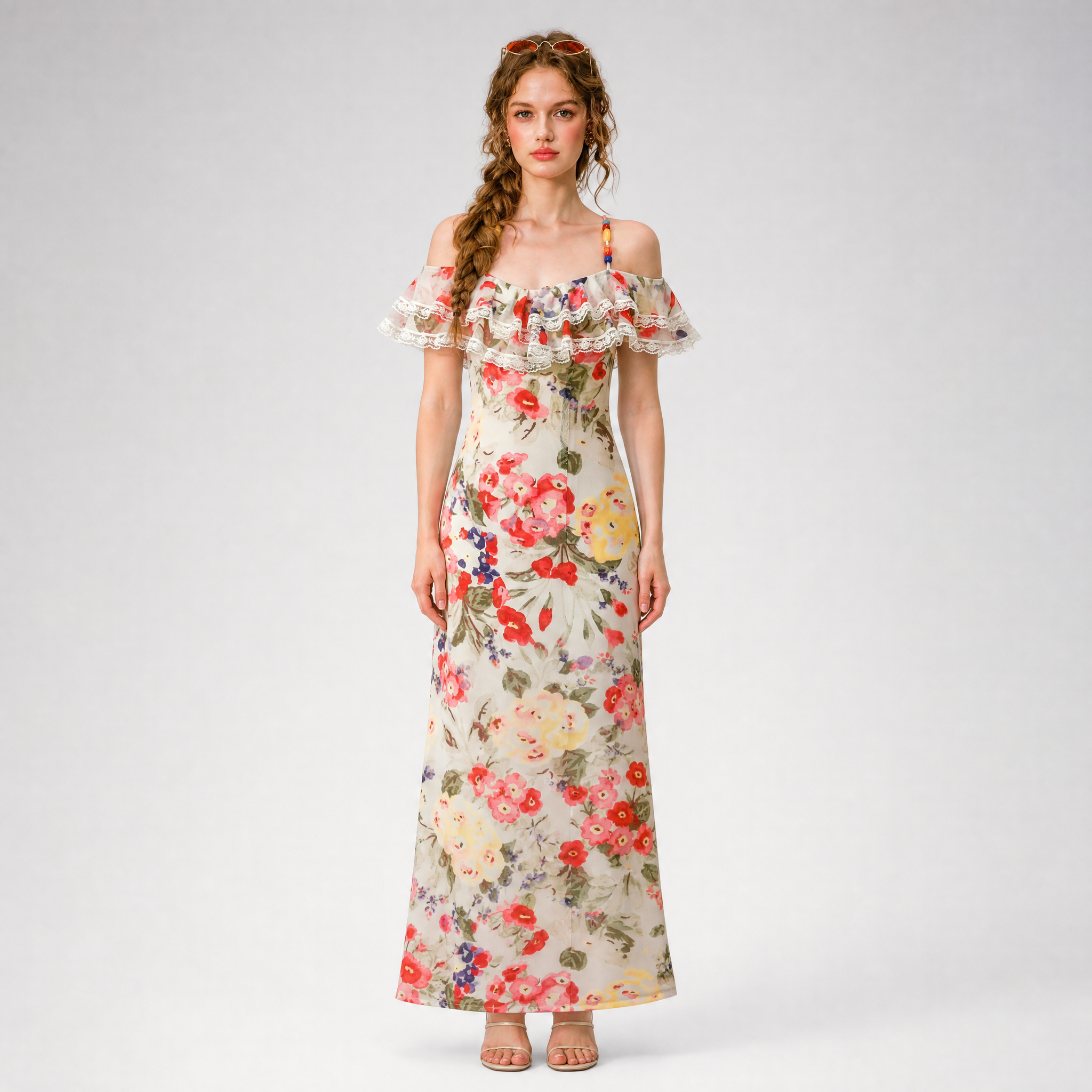 Floral Ruffle Mesh Maxi Dress
