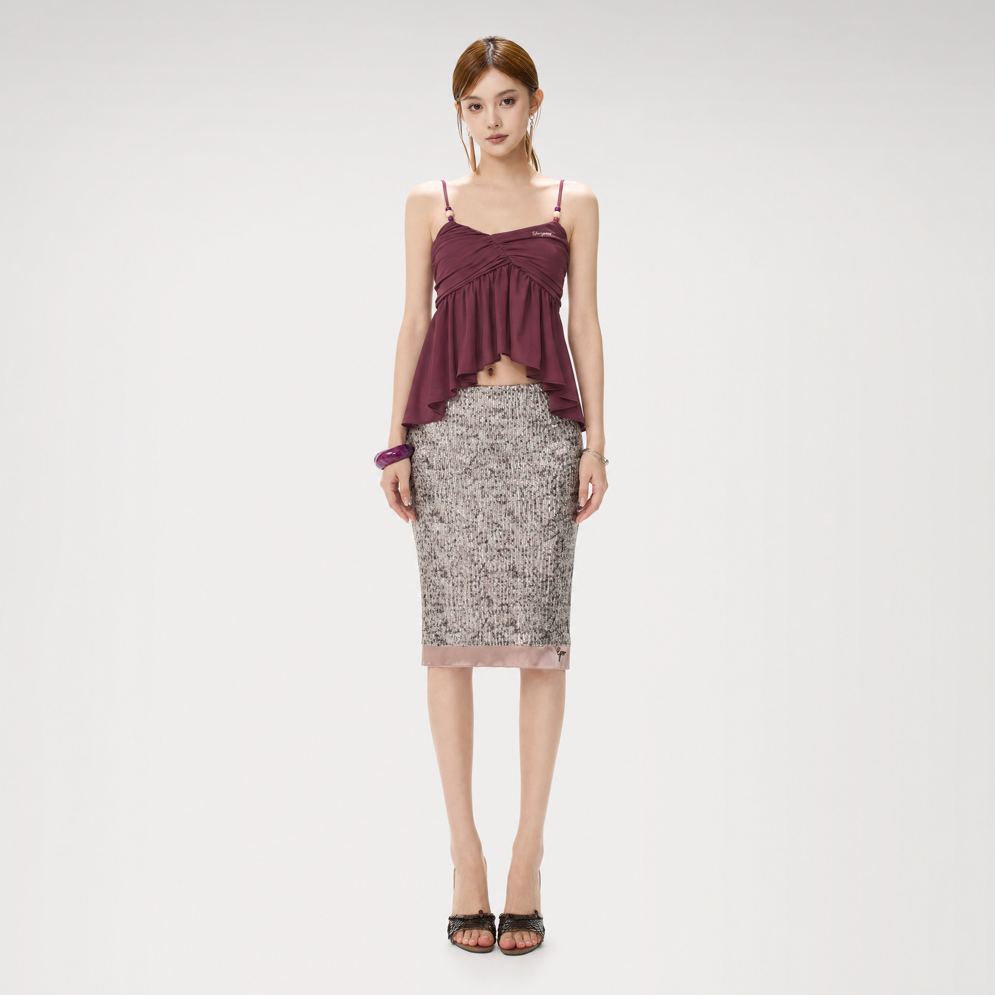 Purple Sequin Slit Skirt