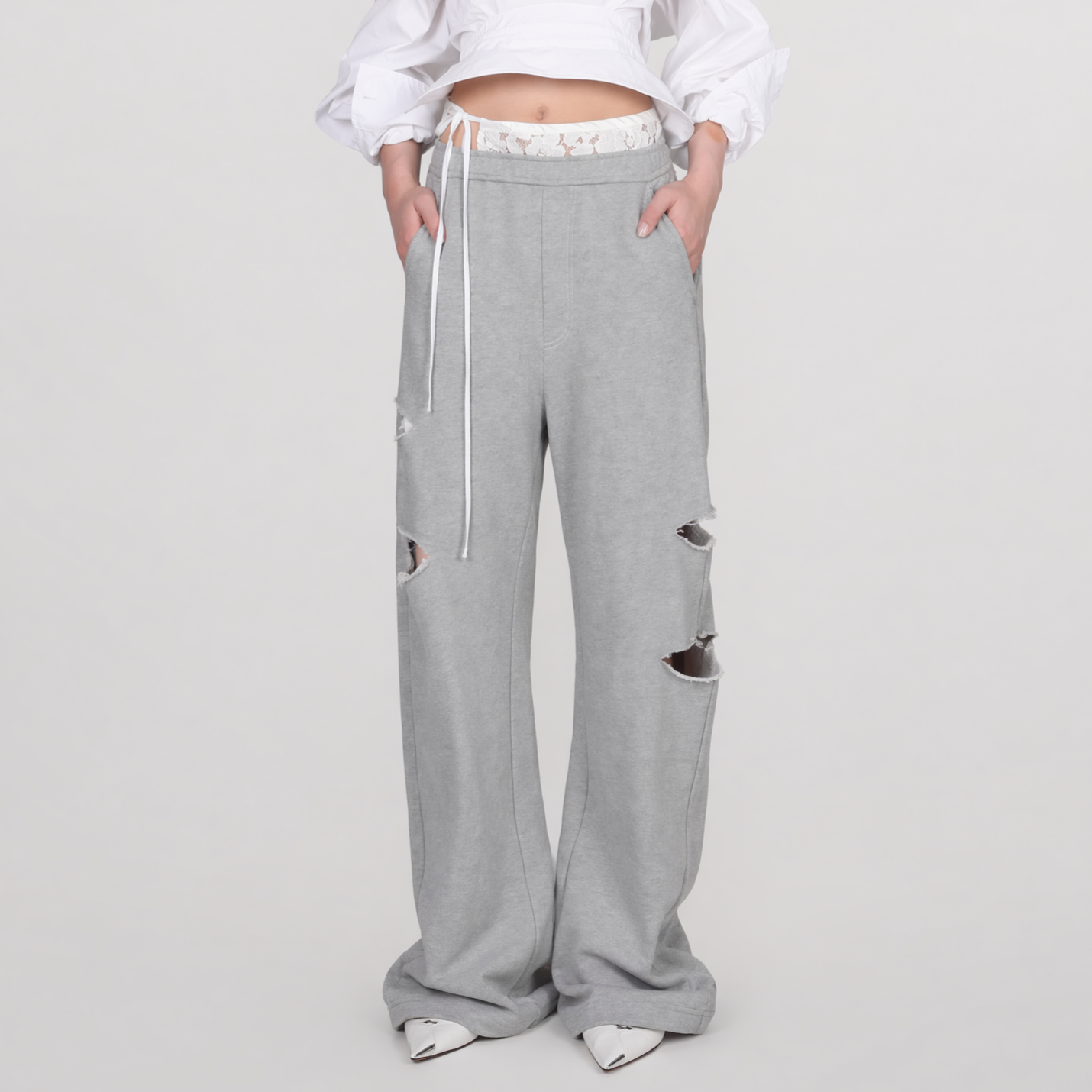 Lace Waist Distressed Pants