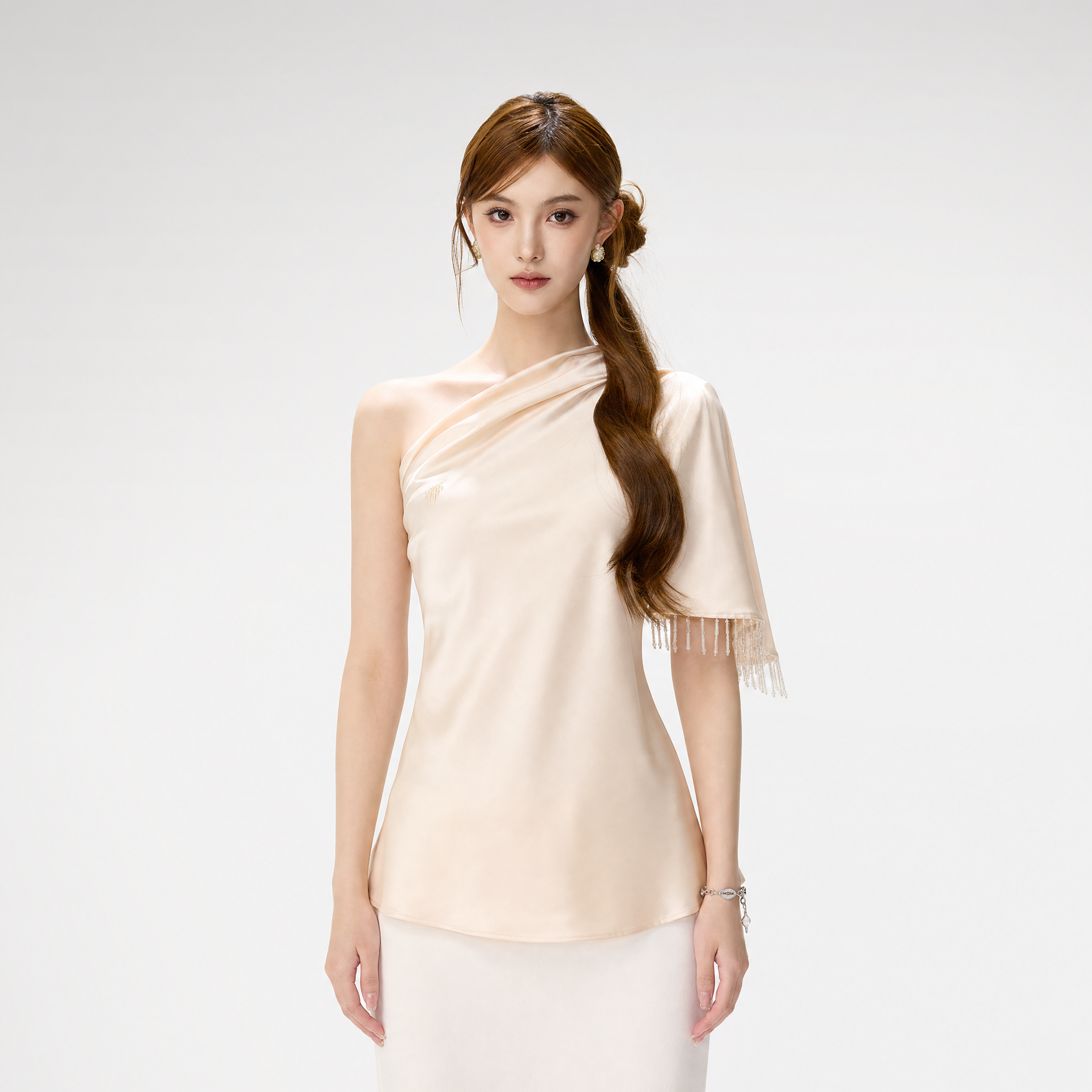 Asymmetric Tassel Satin Top