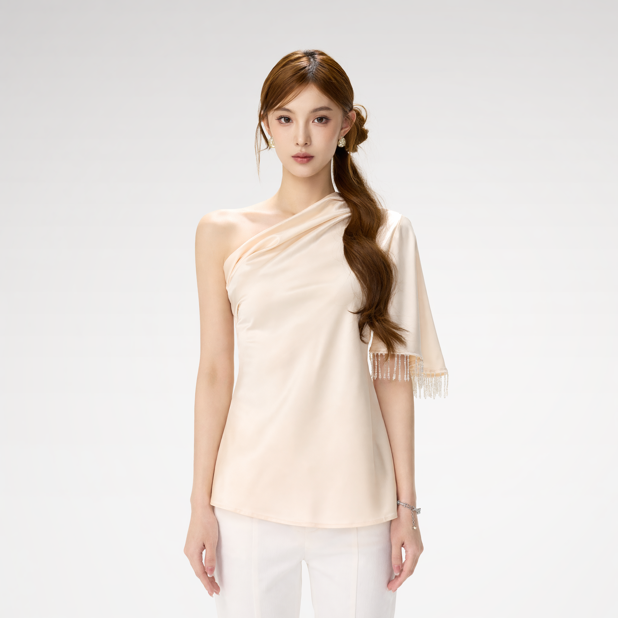 Asymmetric Tassel Satin Top