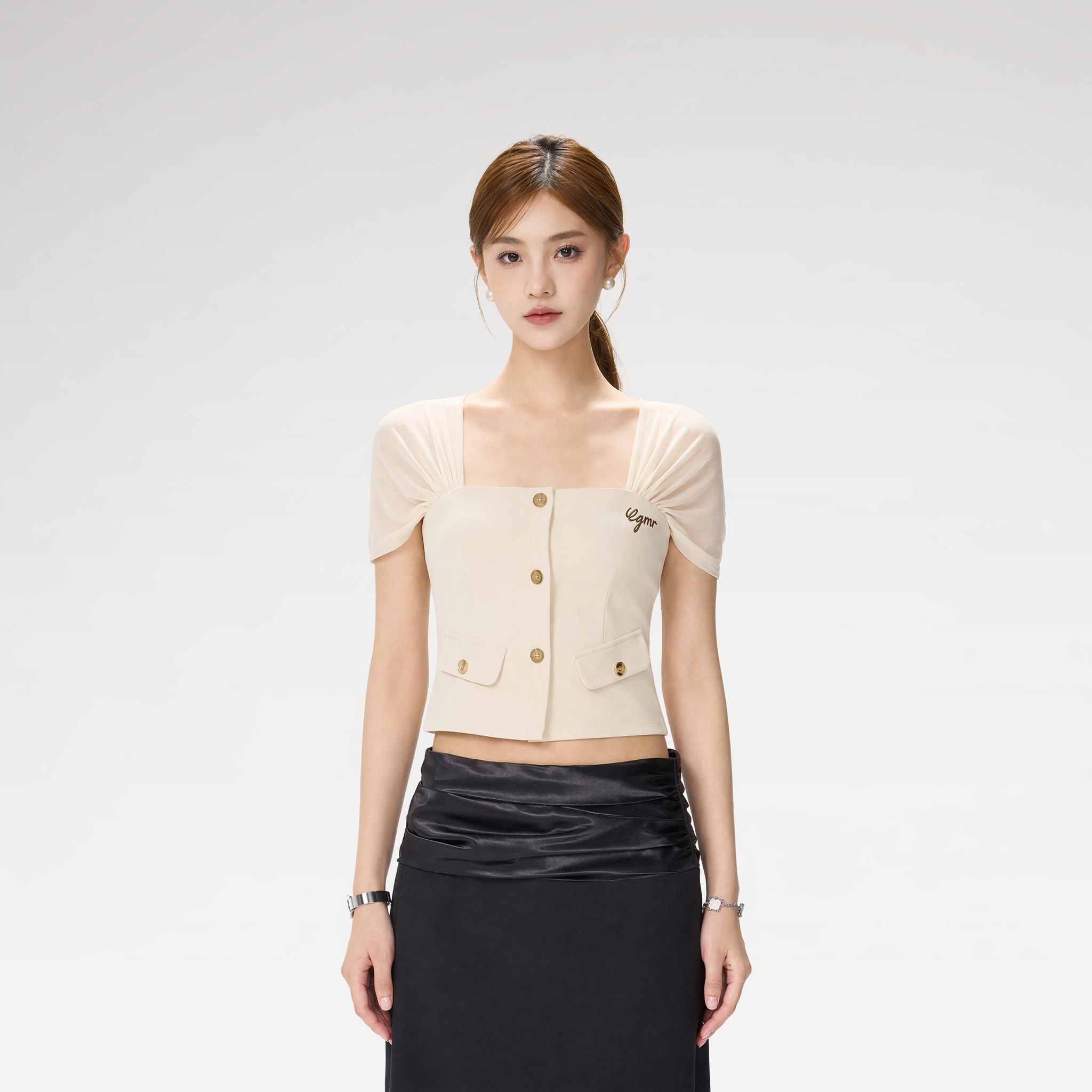 Square Neck Mesh Sleeve Top