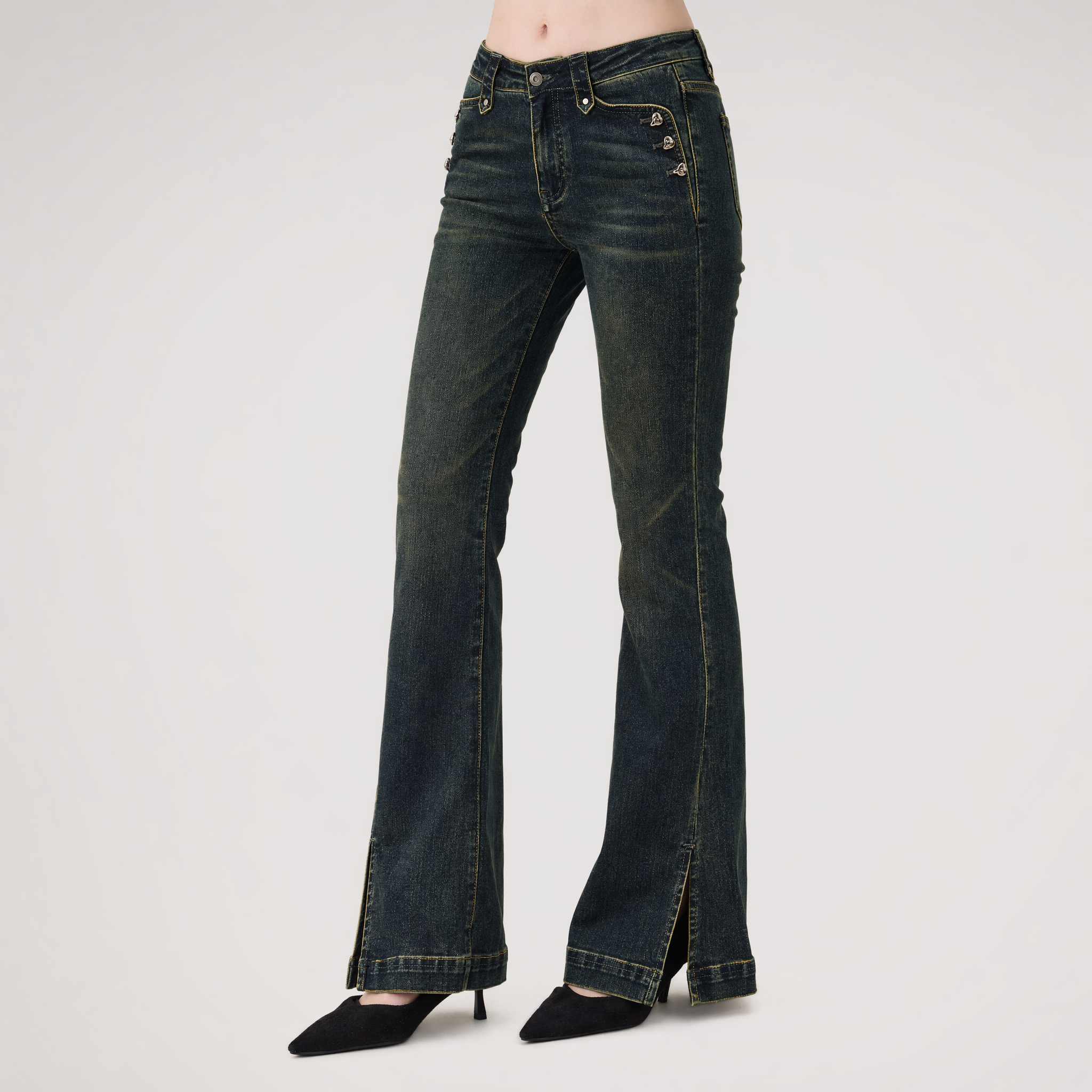 Washed Slit Flare Jeans