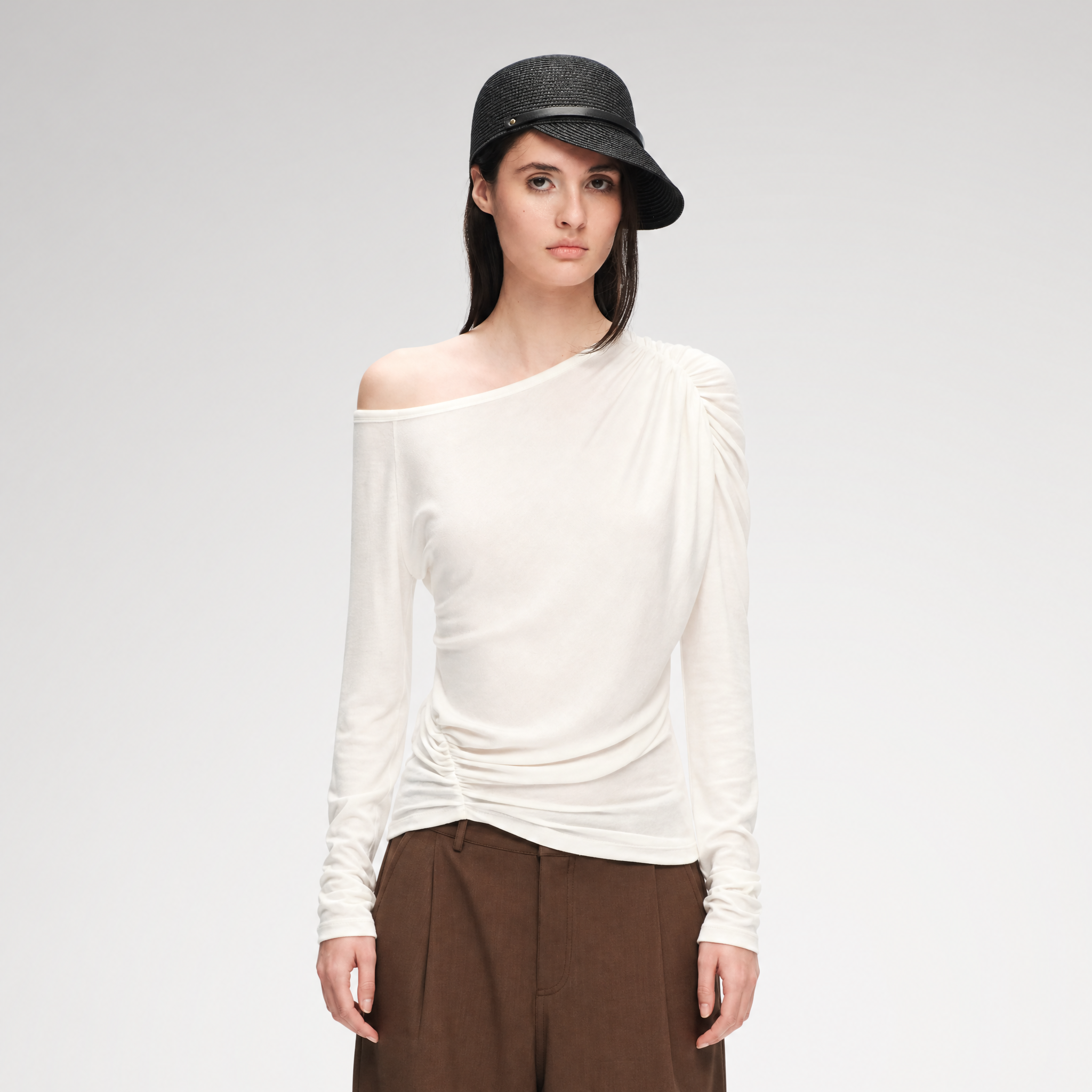 Wool Lyocell Ruched Shoulder Top