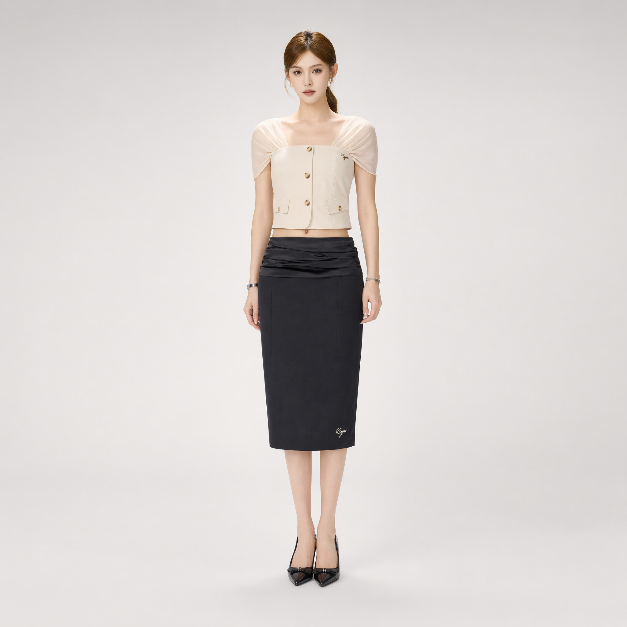 Satin Ruched Midi Skirt