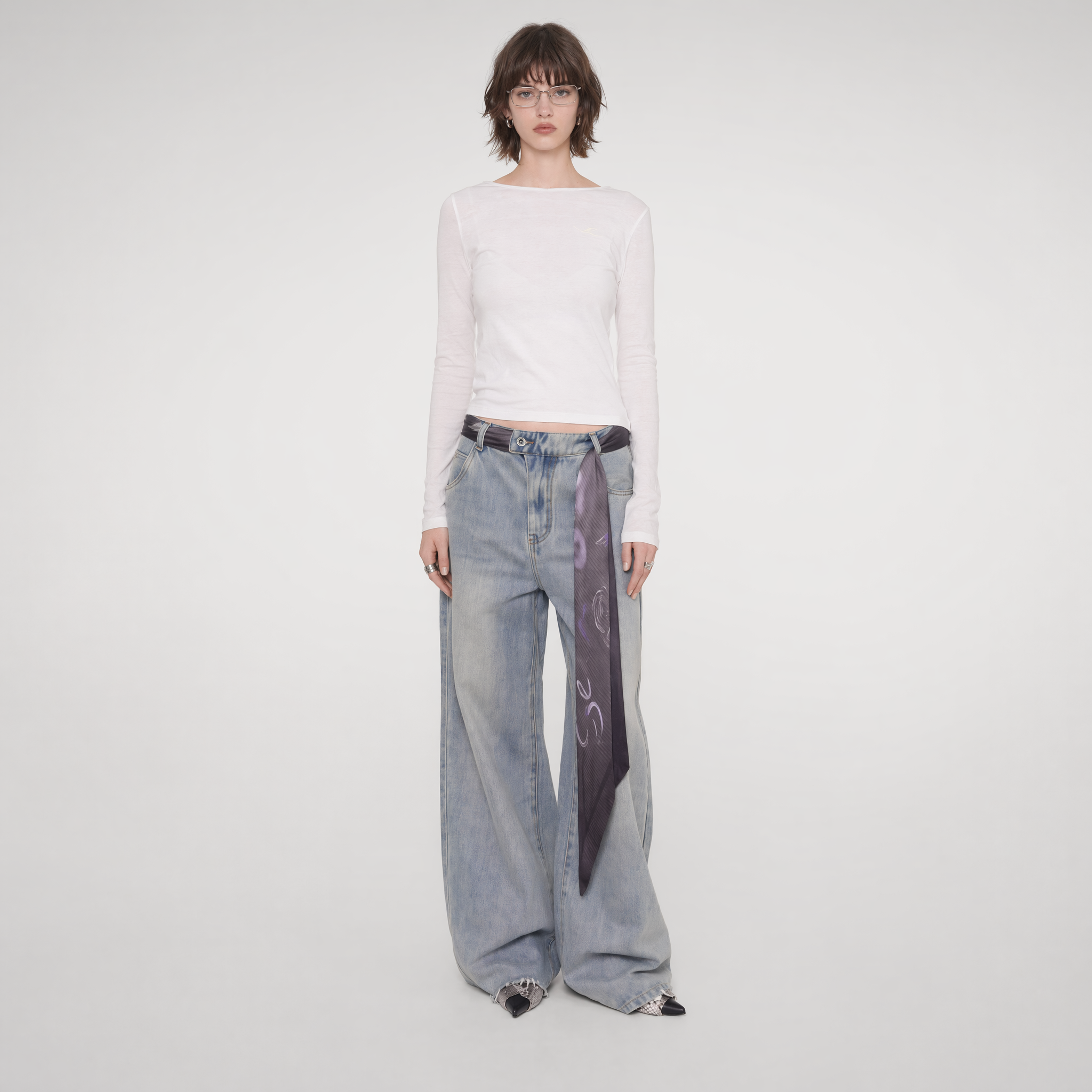 Scarf Tie Wide-Leg Jeans