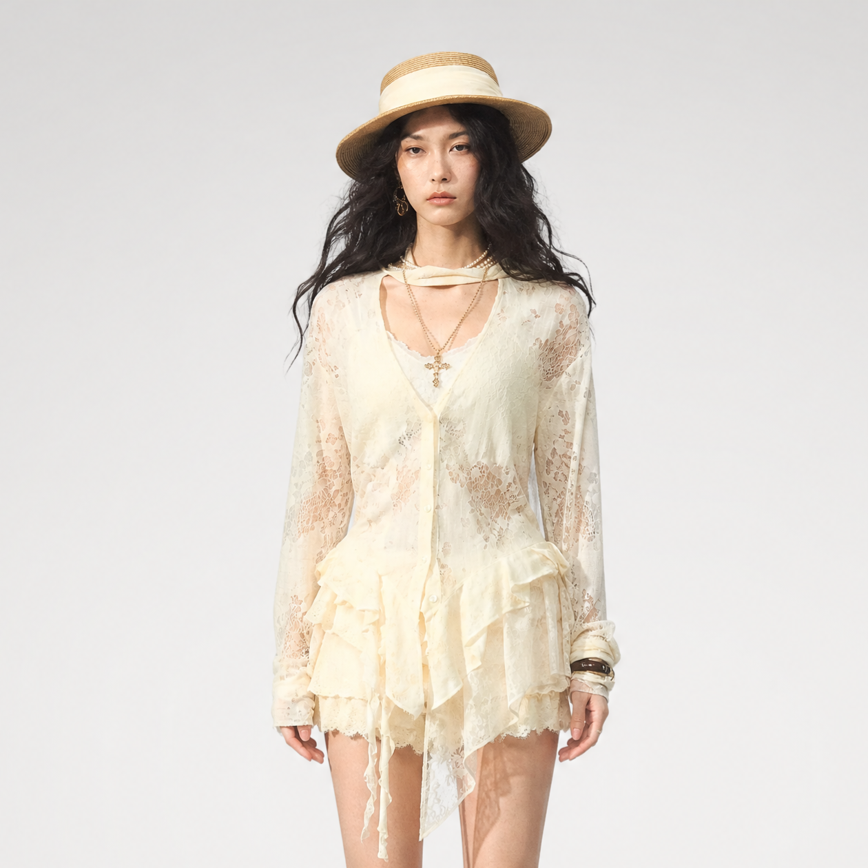 Lace Panel Adjustable Shirt Set