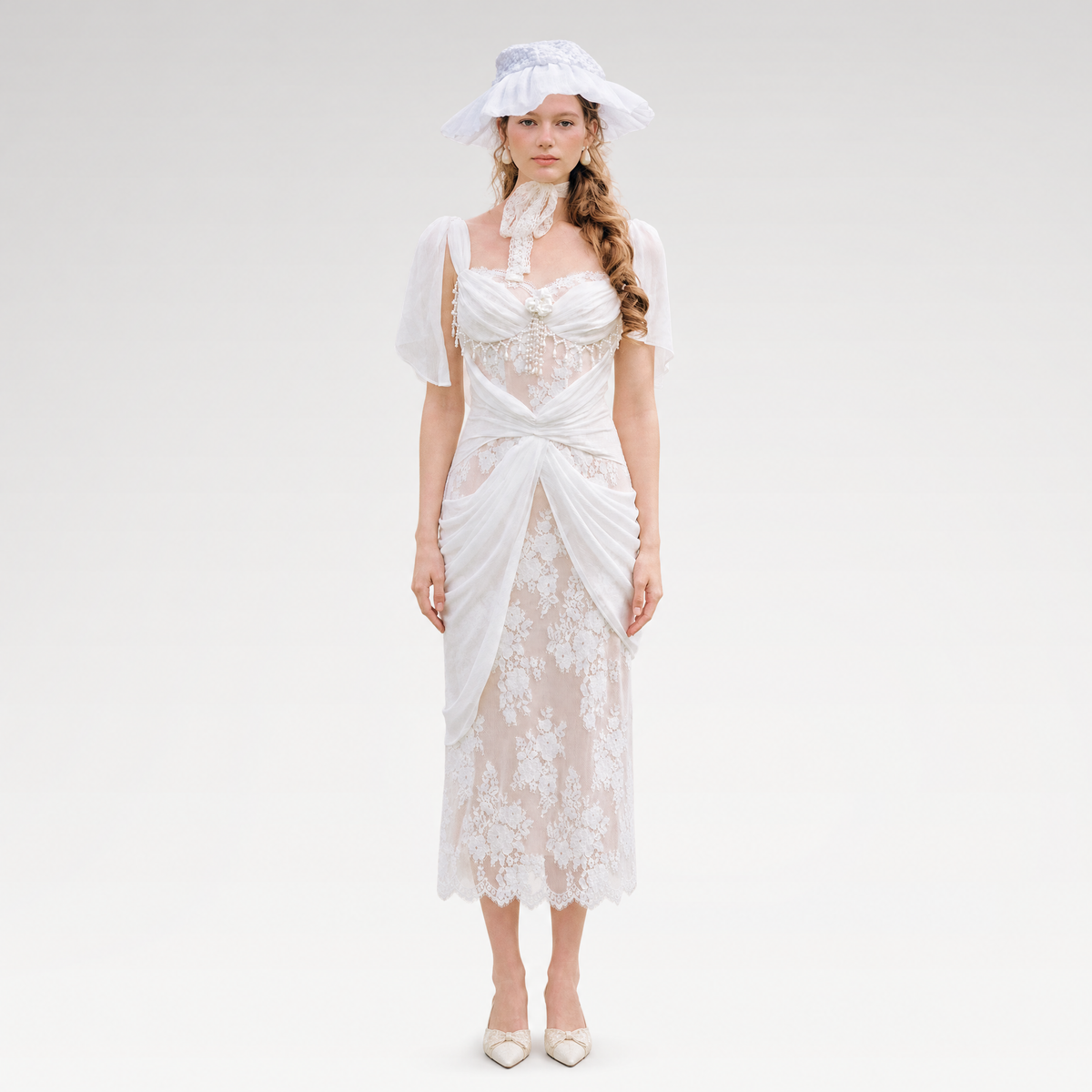 Floral Lace Fitted Midi Dress