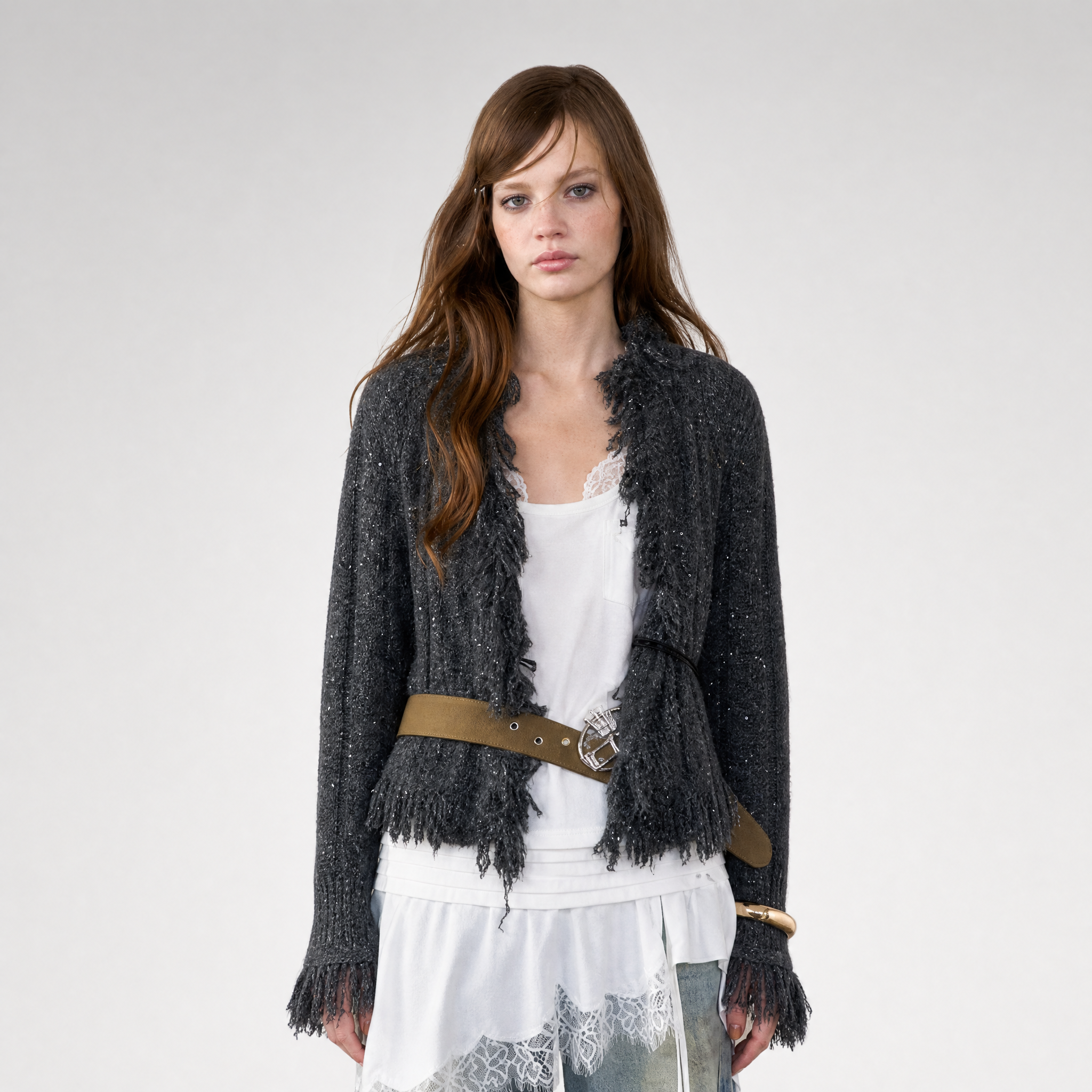 Sequined Fringe Knit Cardigan