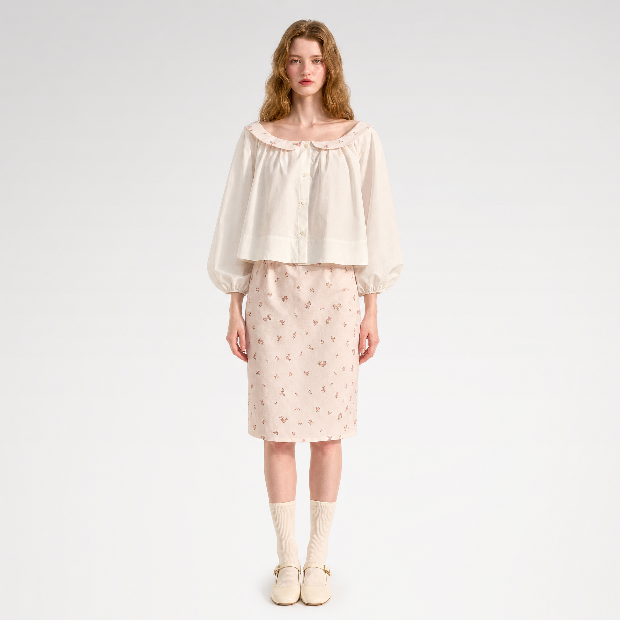 Floral Puff-Sleeve Blouse Skirt Set