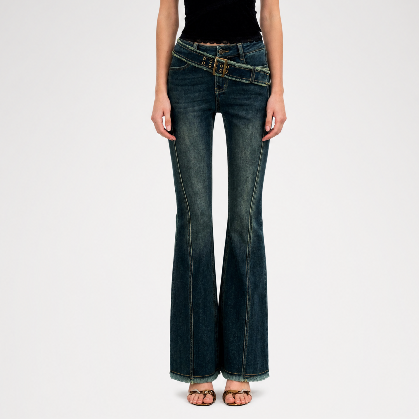 Washed Panel Flare Jeans