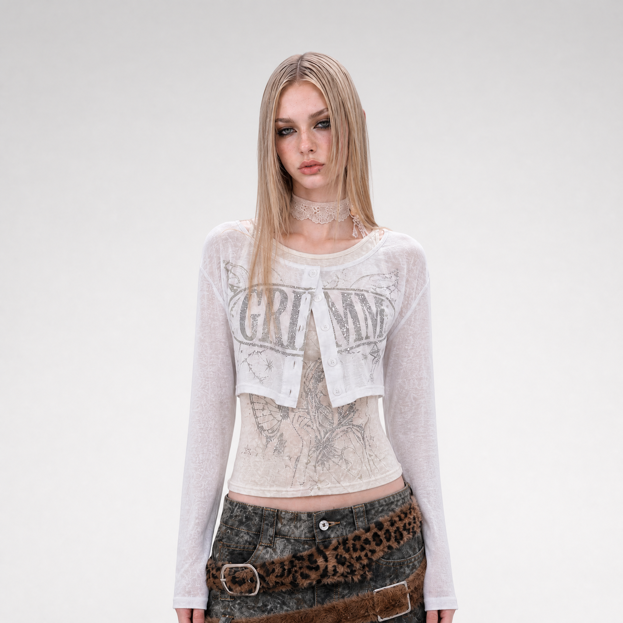 Silver Print Fitted Long-Sleeve Tee