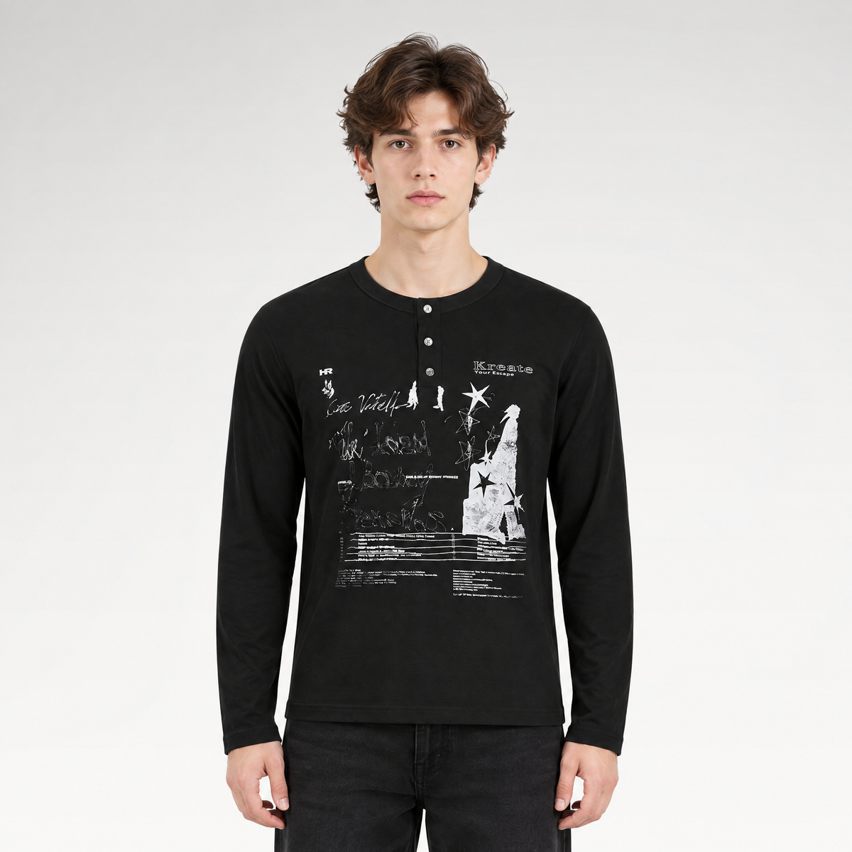 Henley-Langarmshirt mit meliertem Grafikprint