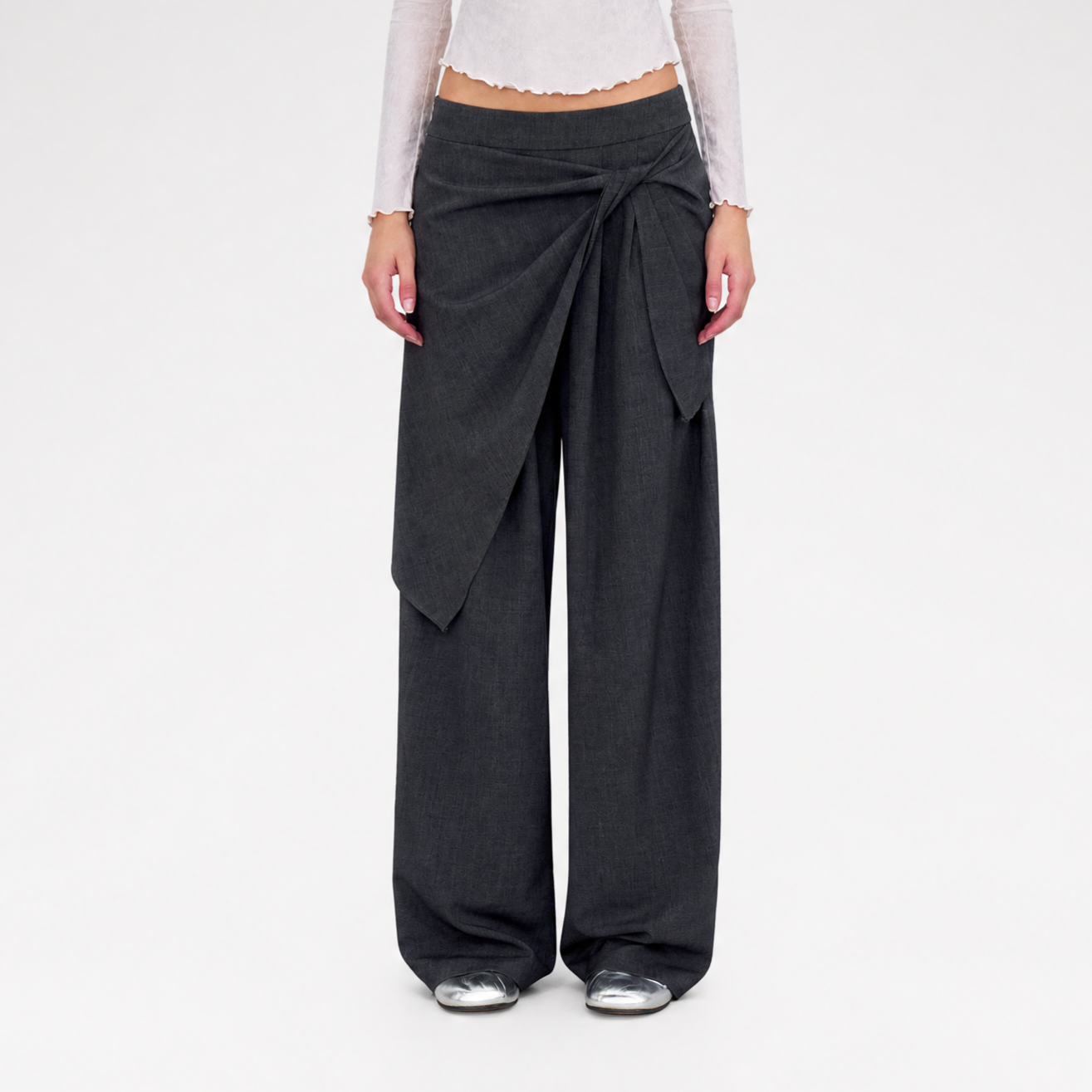 Twisted Overlay Wide-Leg Trousers