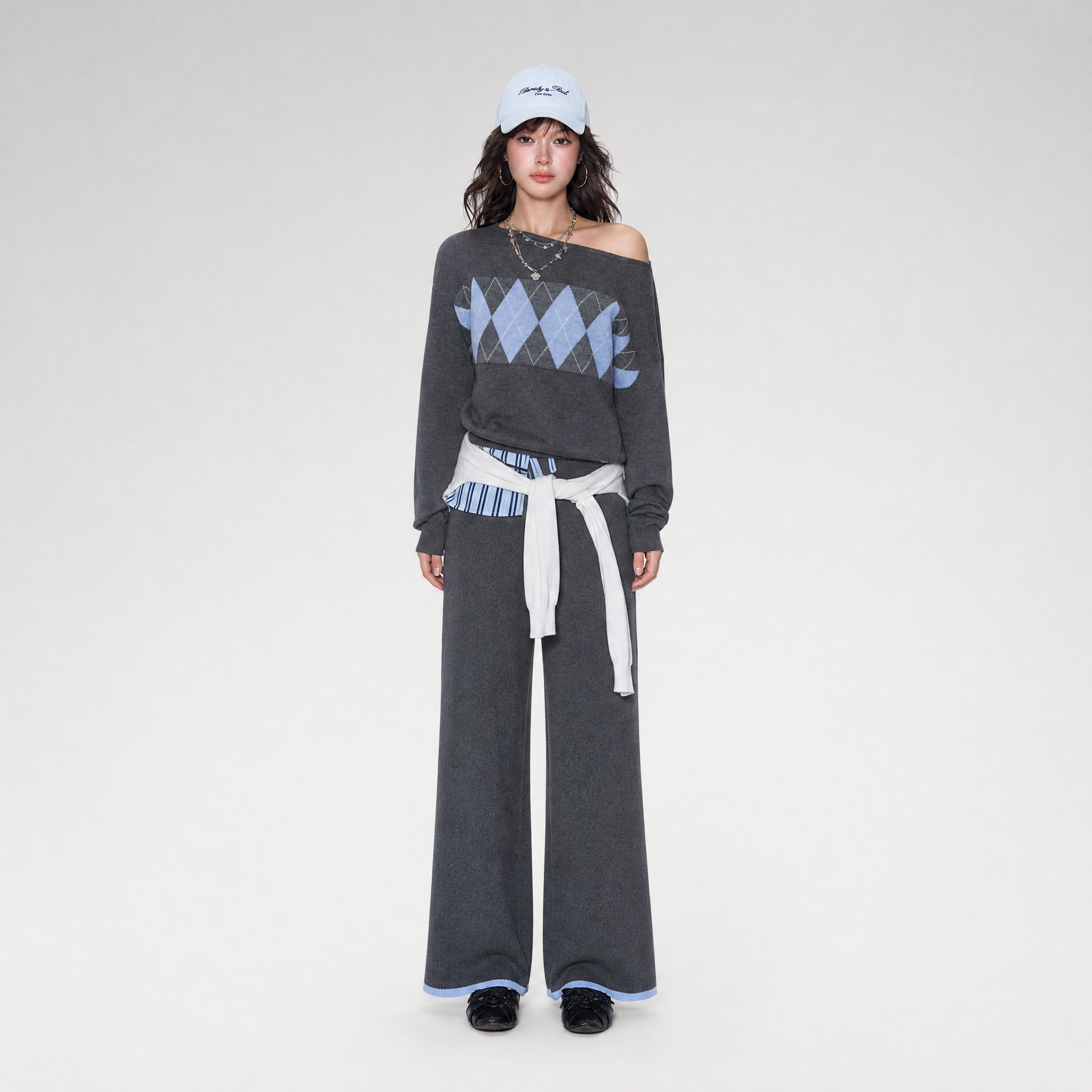 Argyle Off-Shoulder Knit Set