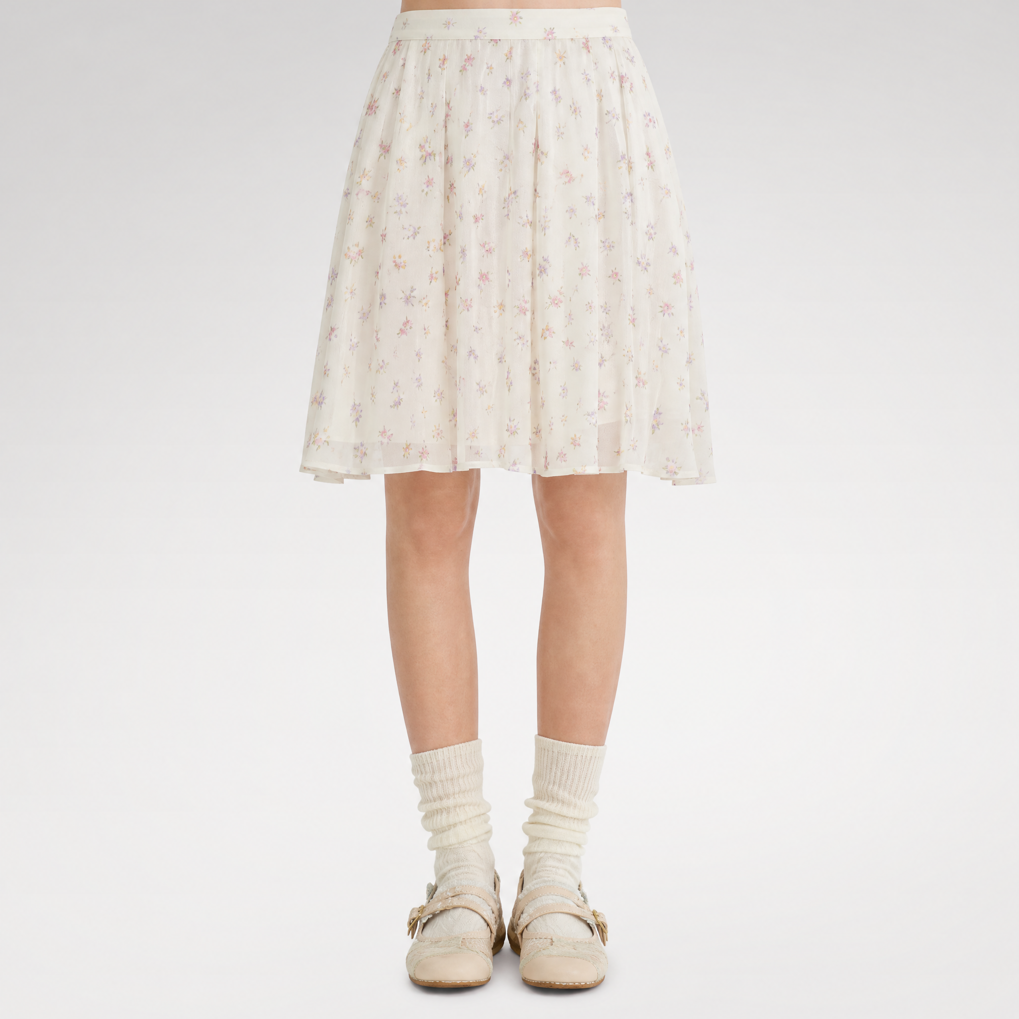 Pleated Floral A-Line Skirt