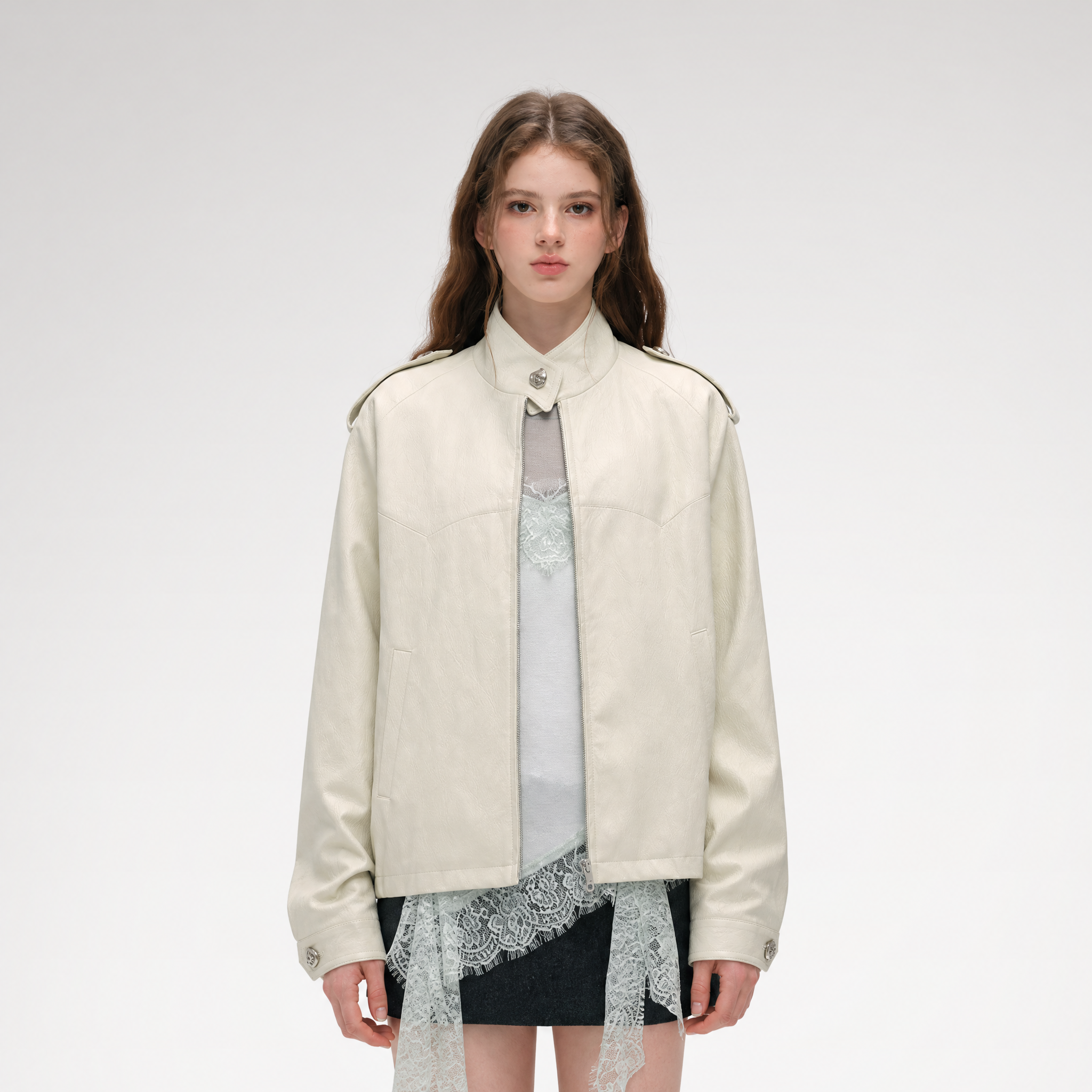 Faux-Leather Lychee-Texture Moto Jacket