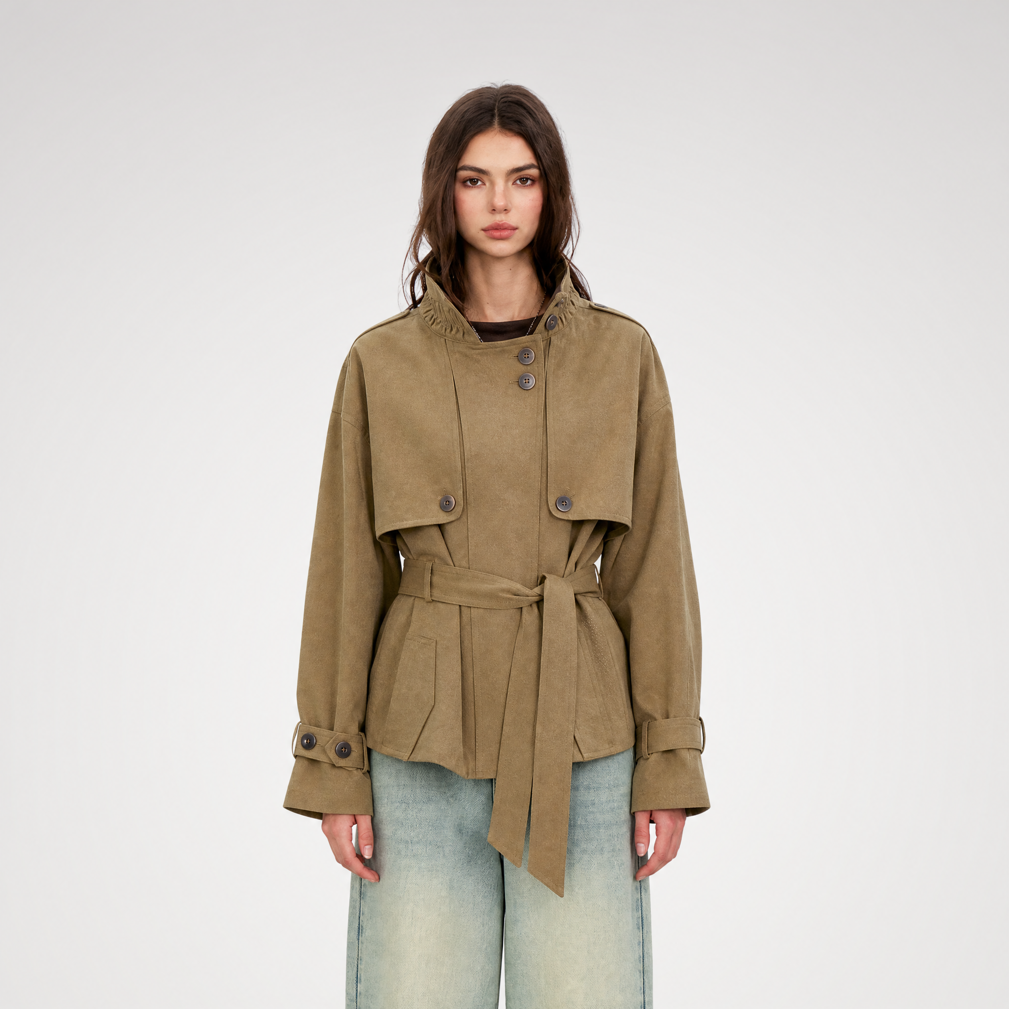Pleated Stand-Collar Utility Jacket