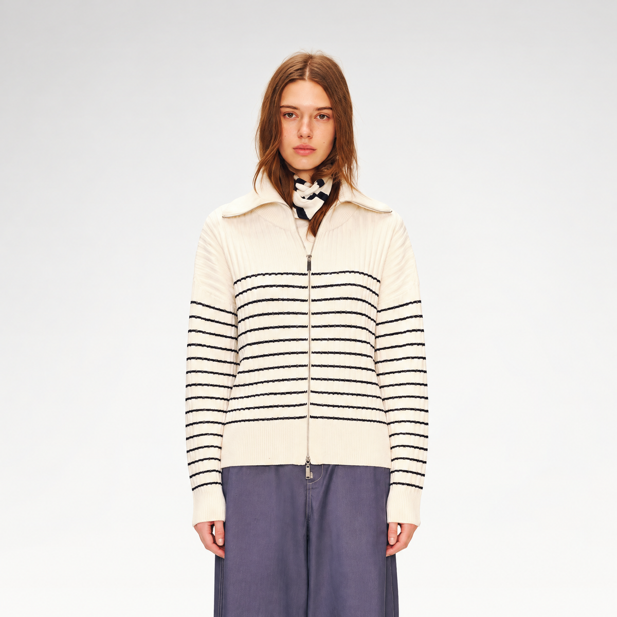 Striped Stand-Collar Zip Cardigan