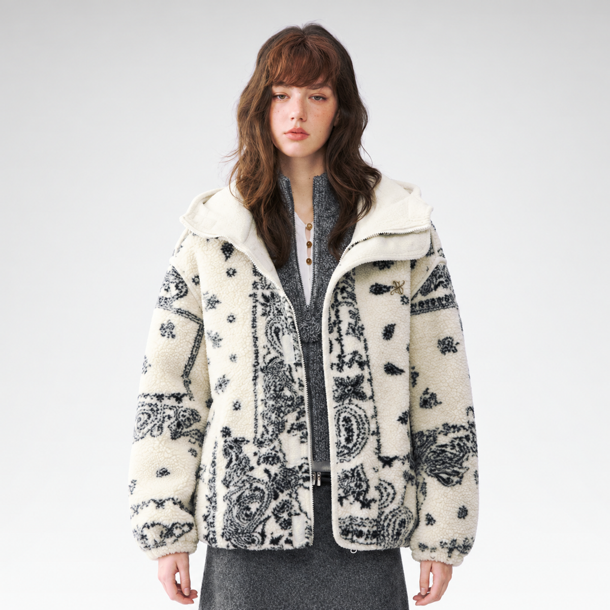 Jacquard Plush Fleece Hooded Jacket