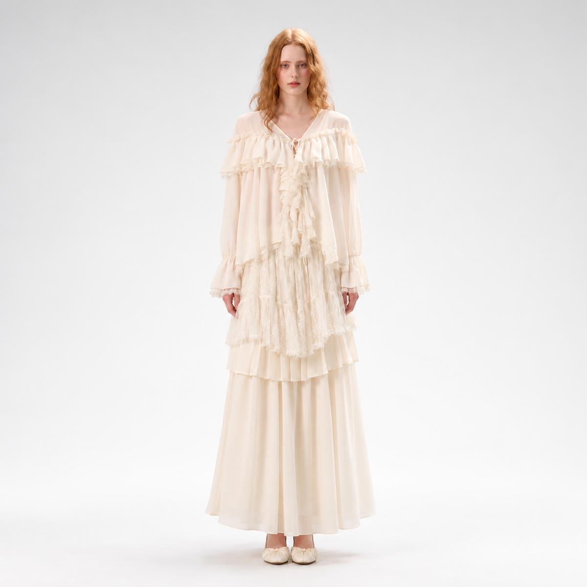 Ensemble jupe en mousseline de soie à volants en dentelle