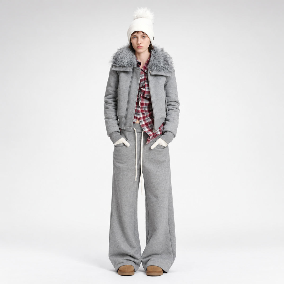 Conjunto de sudadera corta con cuello de pelo sintético