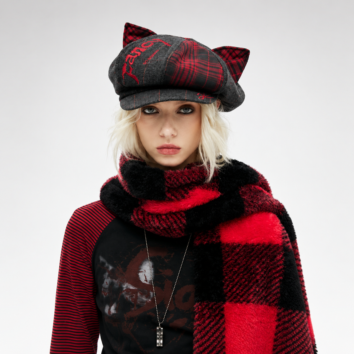 Embroidered Cat-Ear Plaid Newsboy Hat